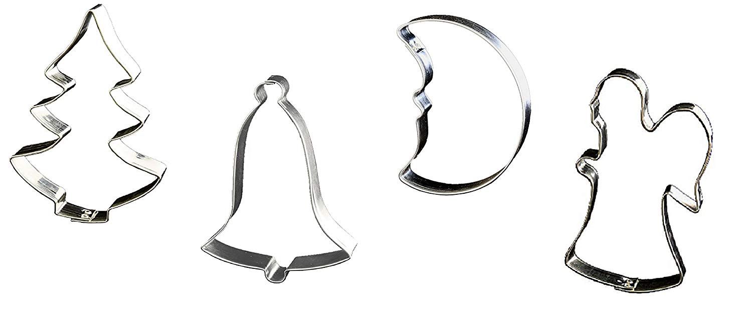 LARES Ausstechform 4er Set Engel, Glocke, Mond, Tanne - 12 cm - aus Weißblech, Weißblech, lebensmittelecht - für kleine und große Backfans - Made in Germany