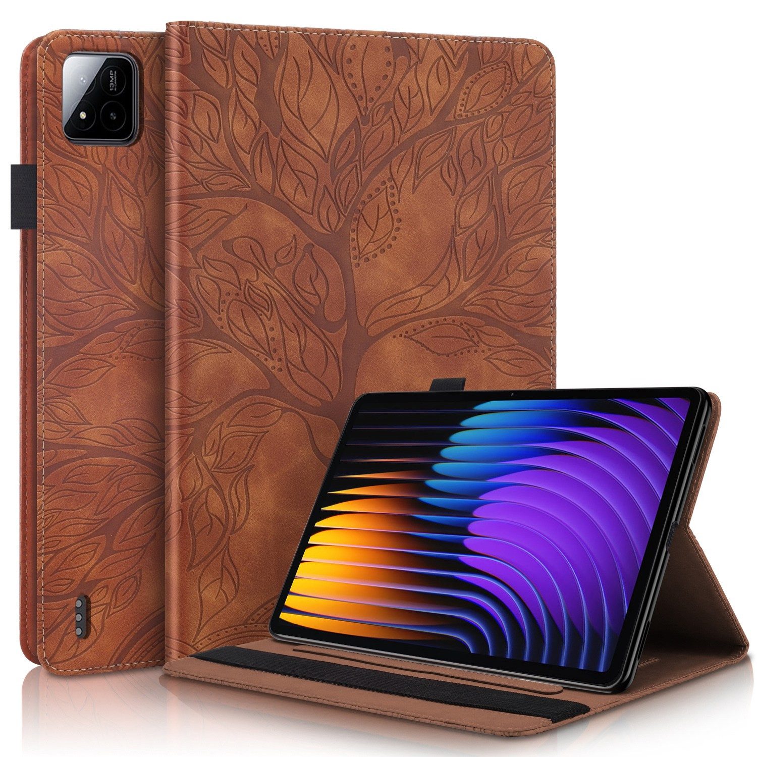 Wigento Tablet-Hülle Kunstleder für Xiaomi Pad 8 / 8 Pro / Pad 7 / 7 Pro Baum Book Braun, Baum Design Hülle mit Standfunktion und Kratzschutz