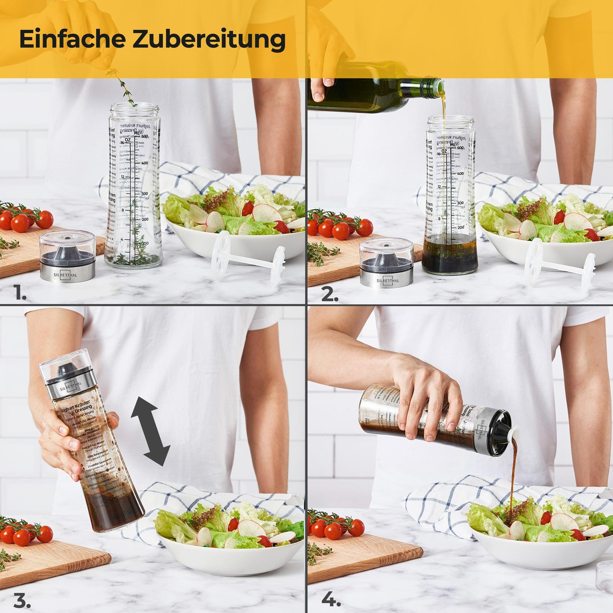 Shaker perfekt Mitnehmen zum mit Skala, Glas, Salatdressing 500ml Behälter Salatsaucen Rezepten, mit integrierter Shaker Dressing SILBERTHAL