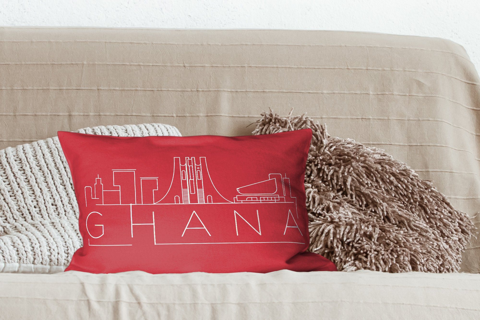 Dekokissen rotem Hintergrund, "Ghana" Wohzimmer auf Dekoration, Schlafzimmer Dekokissen Füllung, MuchoWow Skyline Zierkissen, mit