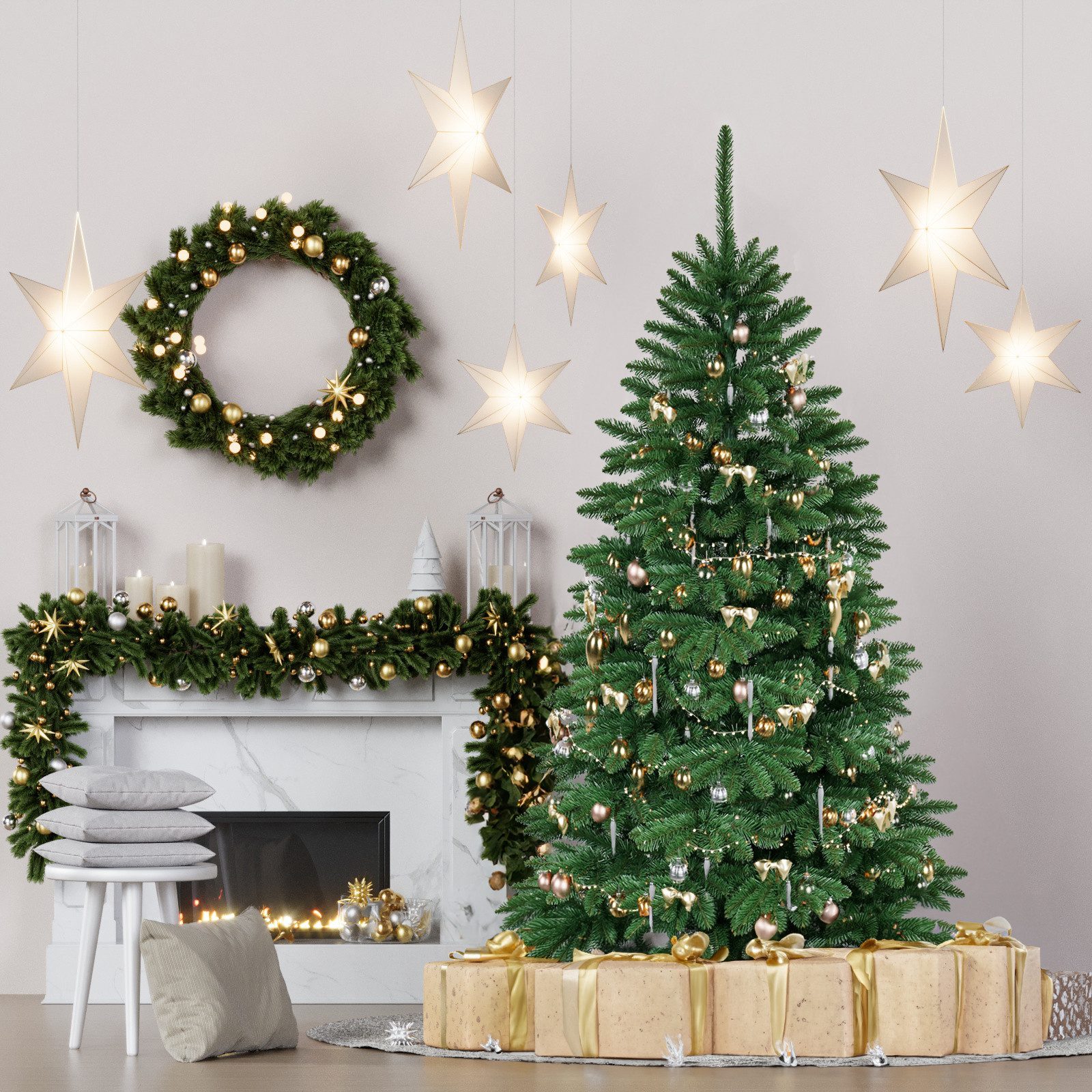 QLS Künstlicher Weihnachtsbaum NK13, Fichtenbaum, Tannenbaum mit Ständer 120-250 cm Christbaum Wohnzimmer