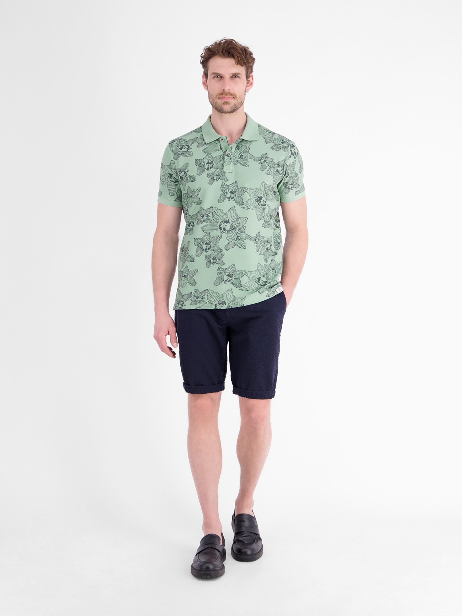 LERROS Poloshirt Poloshirt mit floralem Allover-Print und Flachstrickkragen – Bild 5 von 5