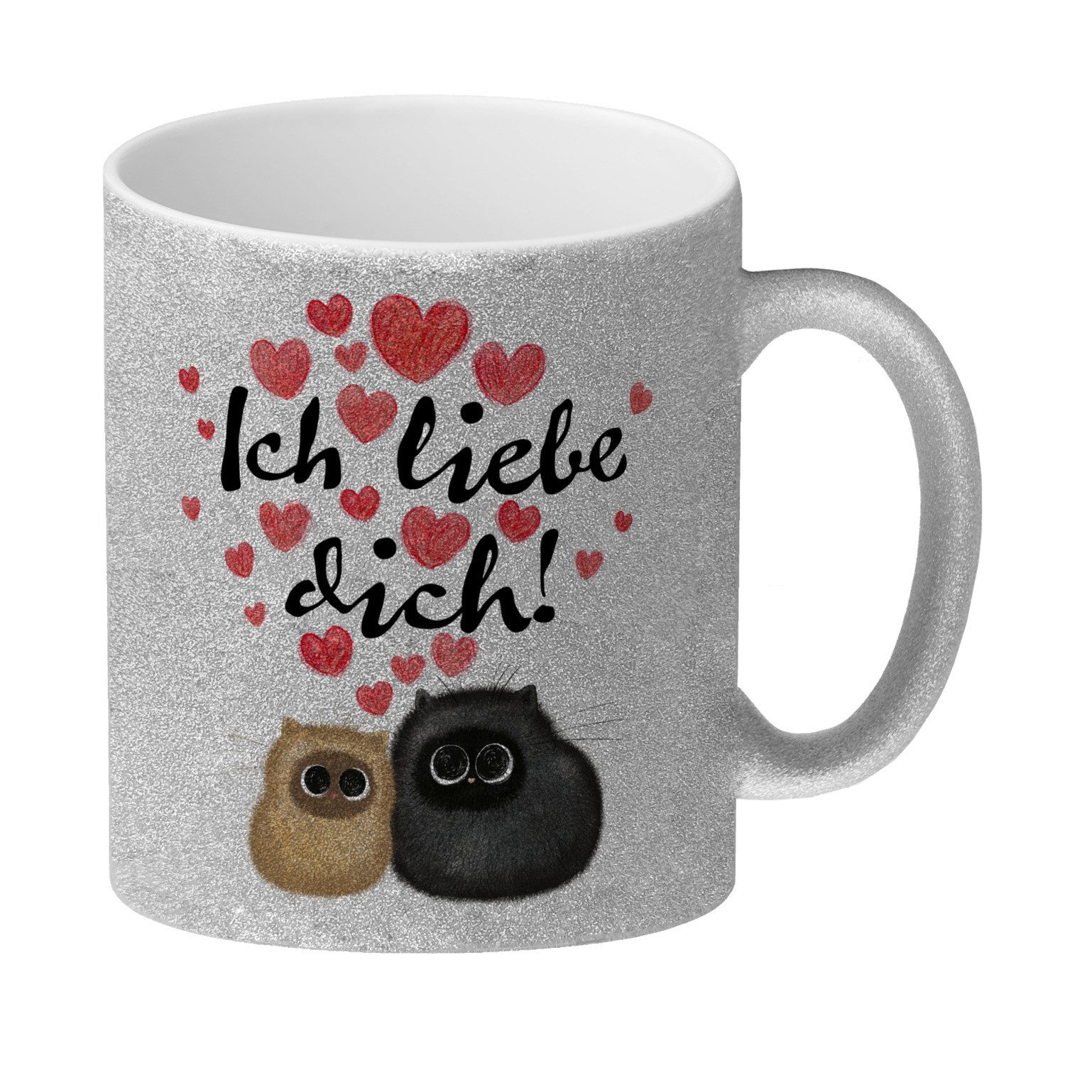 Tasse Knuffige Katzen Glitzer-Kaffeebecher mit Spruch Ich liebe dich