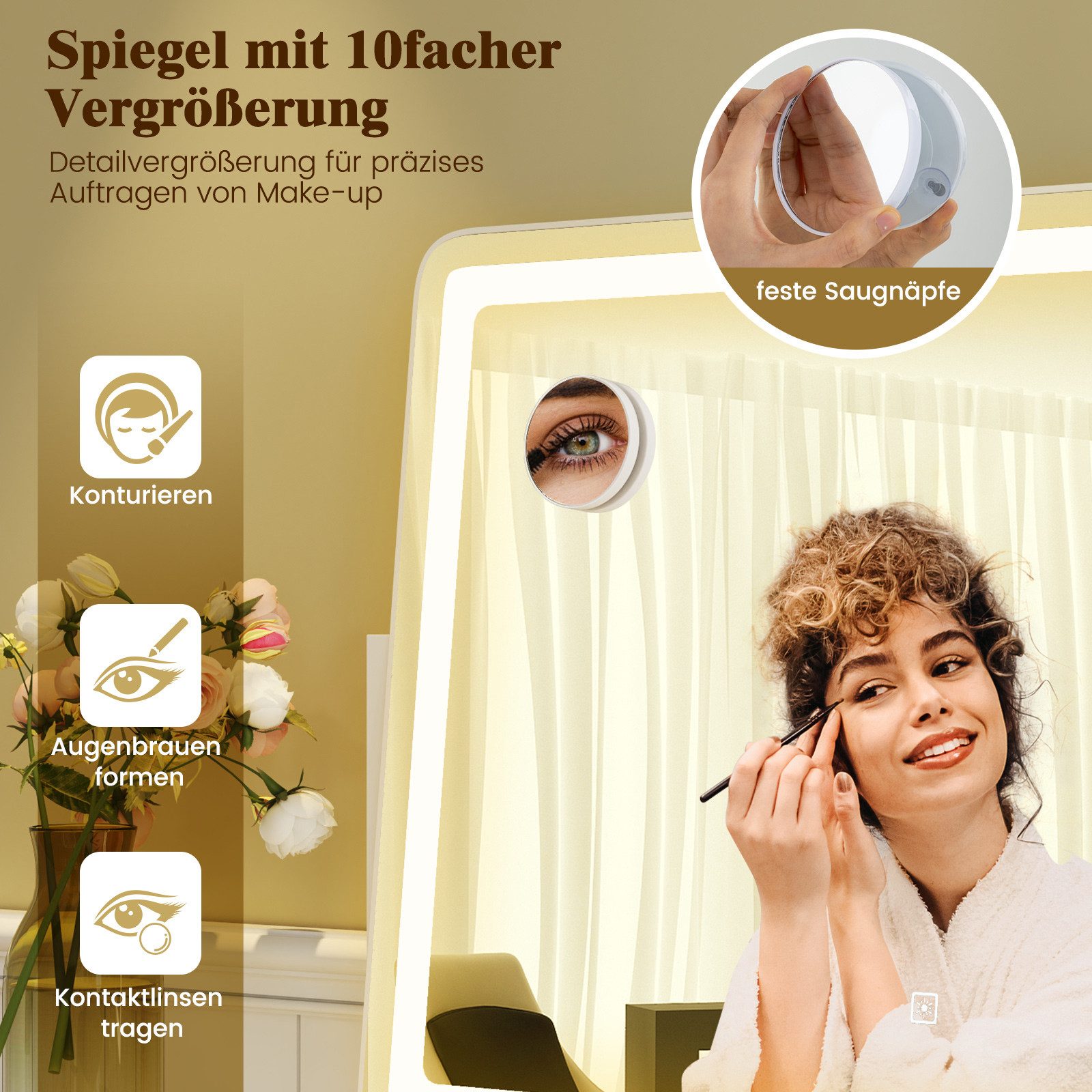COSTWAY Schminkspiegel (1-St), mit 10X Vergrößerung, 3 Lichtfarben & Touch-Steuerung, 360° drehbar