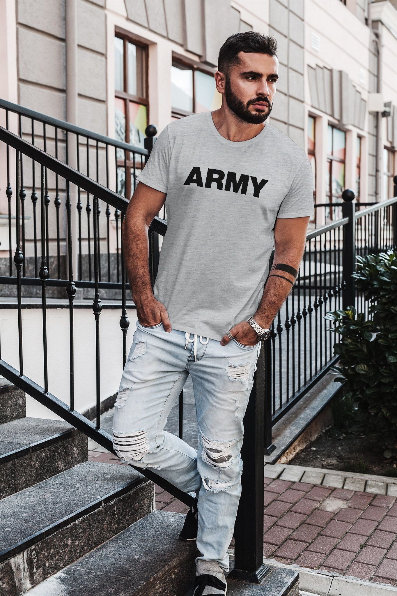 Neverless® T-Shirt grau Print Streetstyle Aufdruck mit Neverless Print-Shirt cooles Herren Print Fashion Army