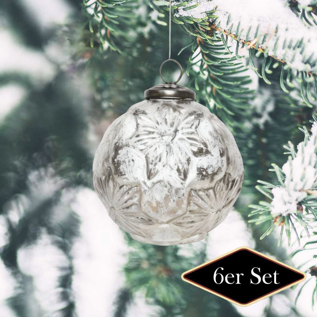 Antikas Weihnachtsfigur Weihnachtskugel Glas, silbern gl., strukturiert – handgemacht in