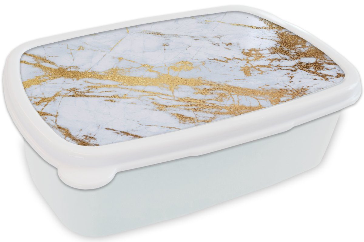 MuchoWow Lunchbox Marmor - Kunststoff, Brotdose, Mädchen - Gold Marmoroptik Erwachsene, Jungs Kinder Glitzer, und Luxe für Brotbox für - und - - (2-tlg), Weiß