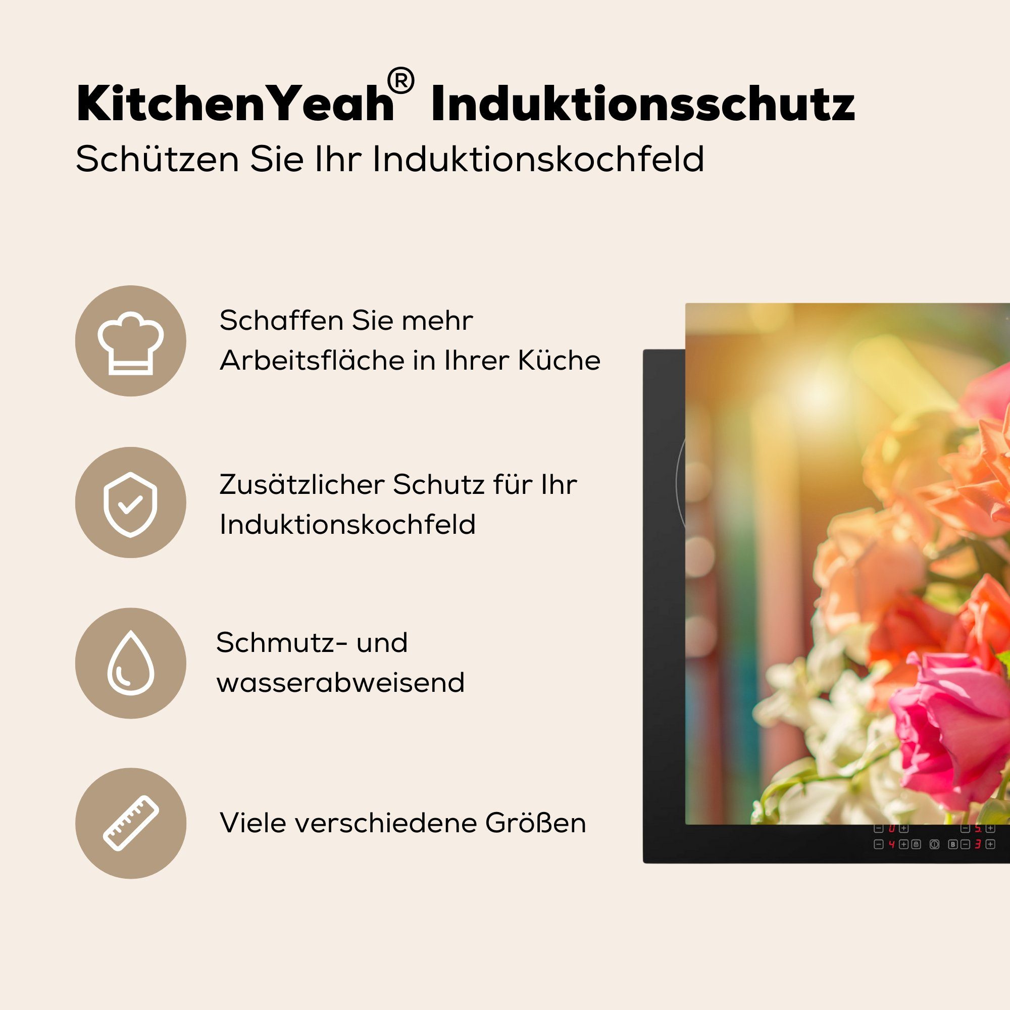 MuchoWow Herdblende-/Abdeckplatte Rosen Schutz Induktionskochfeld - Ceranfeldabdeckung Farben, - (1 Strauß cm, küche, 81x52 für Vinyl, tlg), die