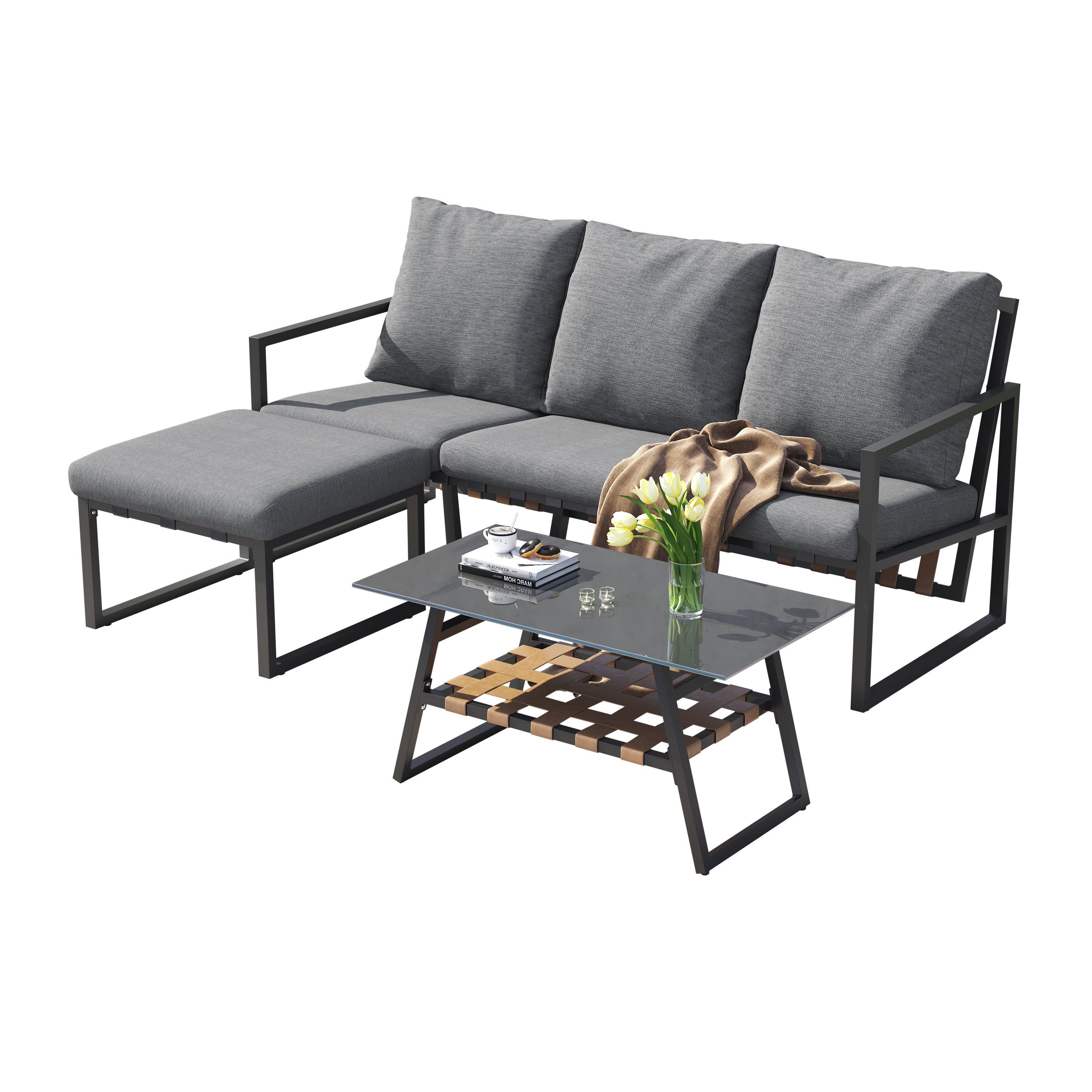 EXTSUD Gartenlounge-Set Gartenlounge-Set Ecksofa – Sofa, Couchtisch & Fußhocker, Grau, (Schwimmbäder und andere Außenbereiche, grau), verzinktes Stahlrohr, Glastischplatte, geeignet für Gärten