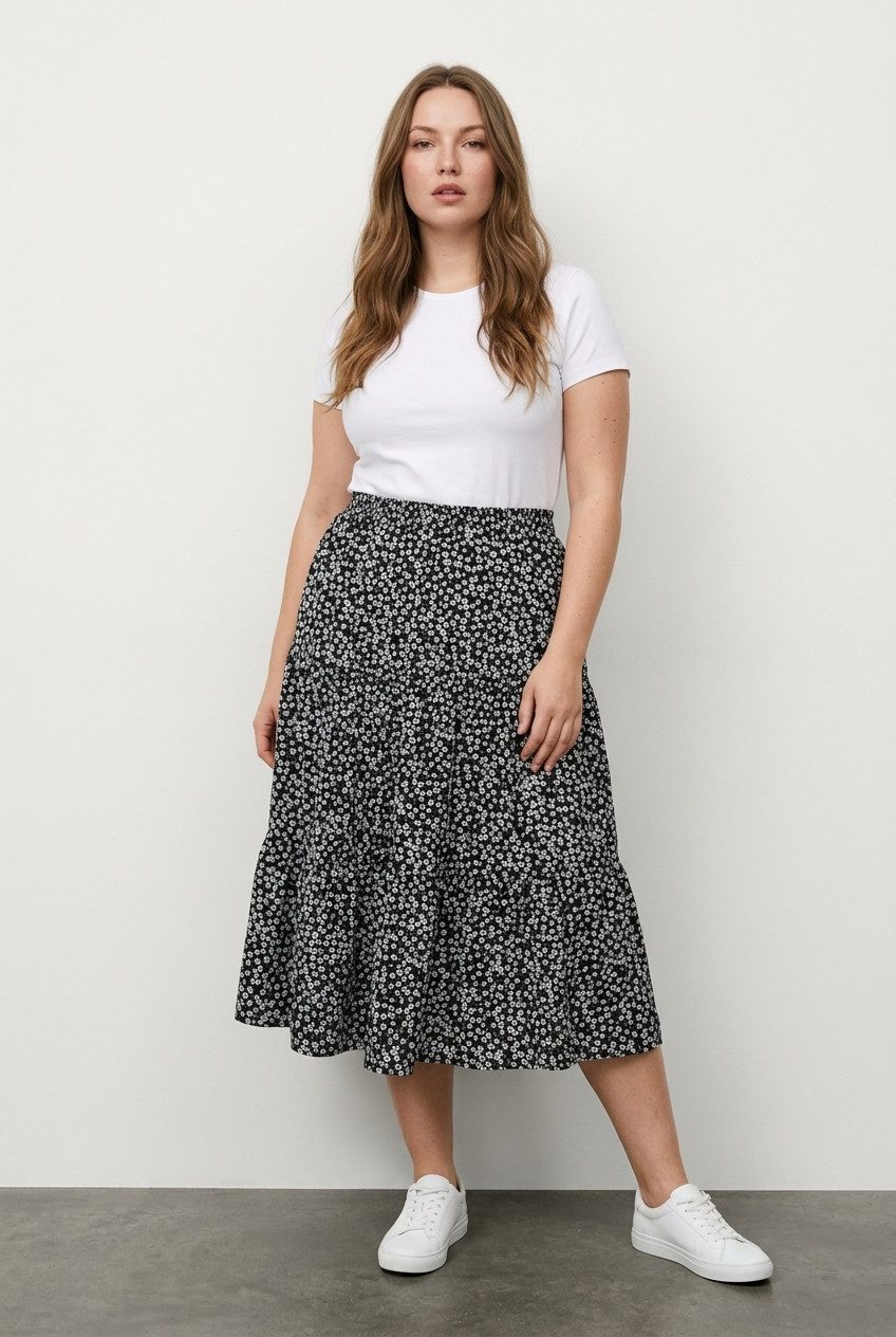 Stil Diva Midirock Plus Size Elastischer Bund Faltenrock Blumen