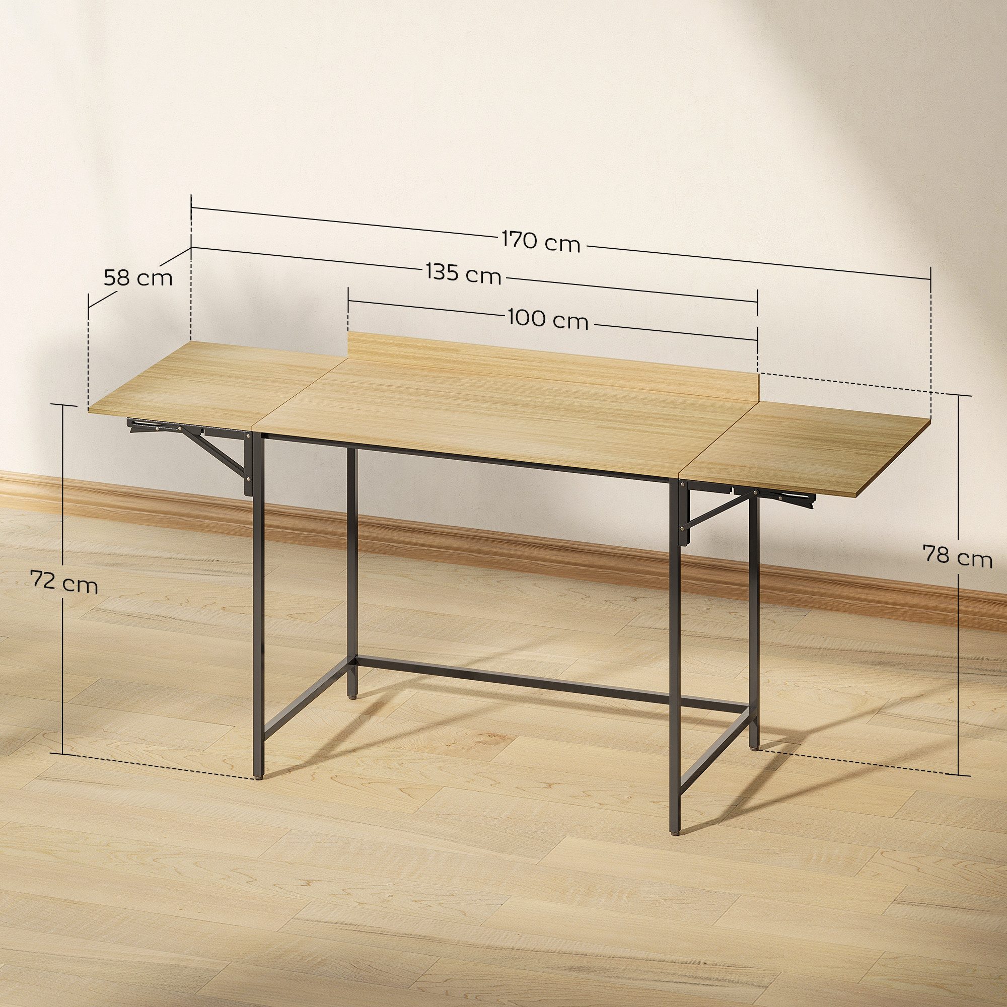 HOMCOM Schreibtisch Modern-Design, Metallgestell, Eiche (Bürotisch, 1-St., Klappbar Computertisch), für Arbeitszimmer Schlafzimmer Home Office, 100,135,170 x 58 x 78 cm
