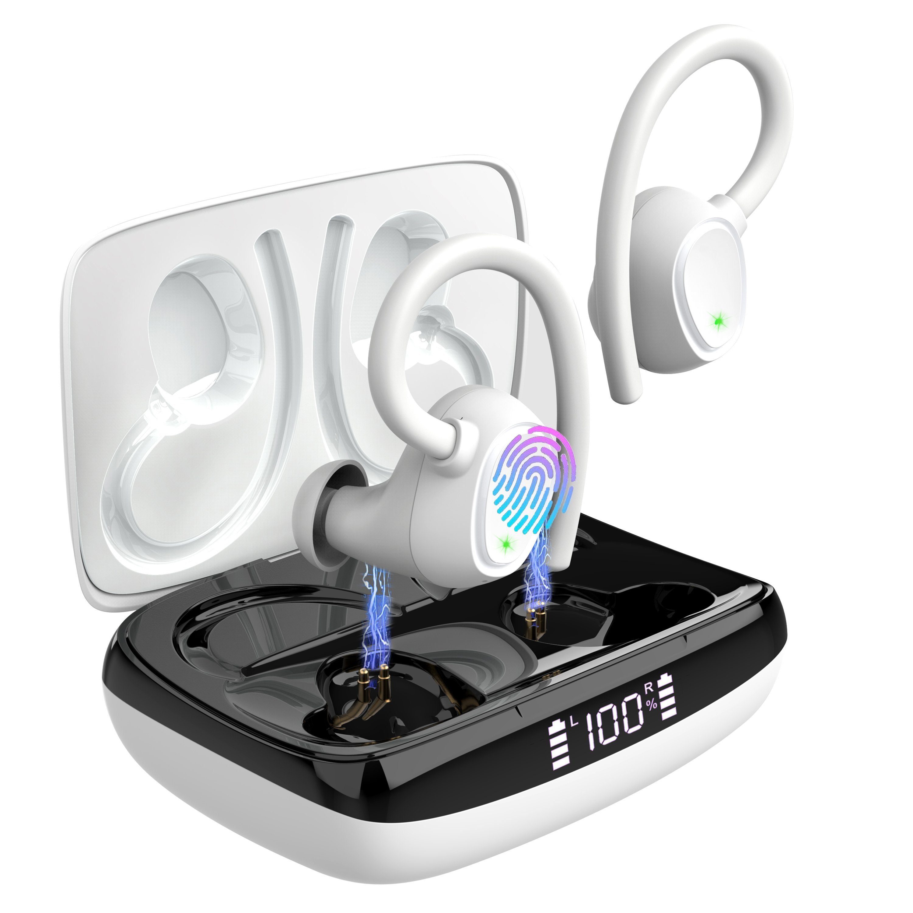 Yuede Bluetooth 5.3 Sportkopfhörer, Earbuds Kabellos mit Ohrbügeln In-Ear-Kopfhörer (Immersives HIFI-Stereo, Bluetooth Kopfhorer mit LED-Ladebox, ENC HD Anruf, Rauschunterdruckung, CVC8.0) Weiss