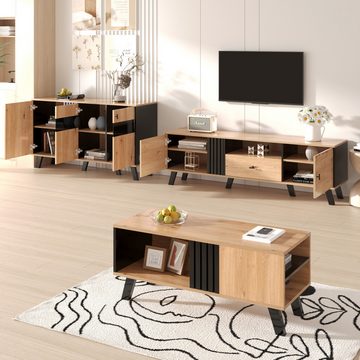 XDOVET Wohnzimmer-Set Wohnzimmer-Set:Vitrine mit LED-Leuchten,TV-Schrank,Couchtisch, Holz und Schwarz Wohnzimmer Stilvolles Klassisches Kombination