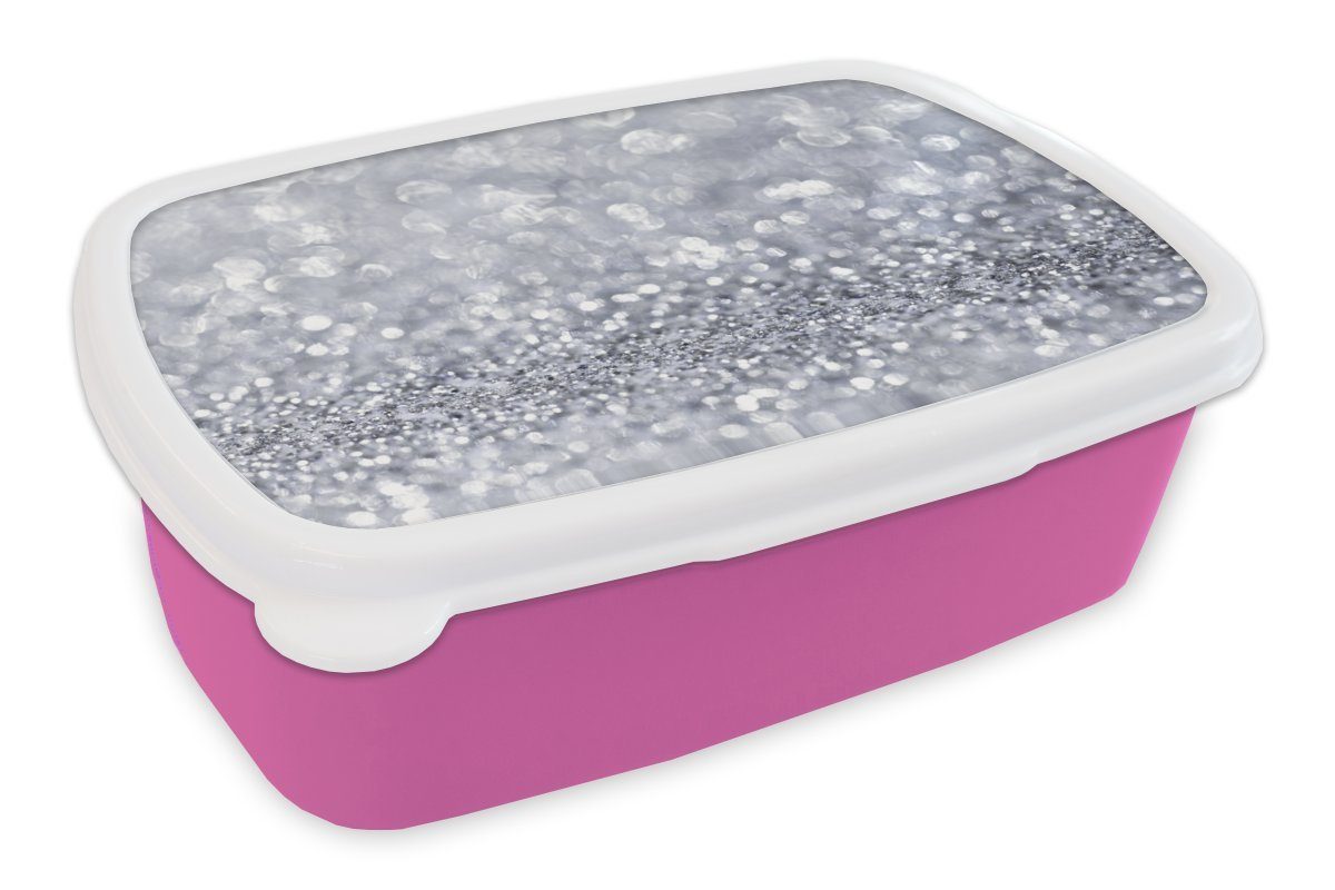 MuchoWow Lunchbox Silber glitzert, Kunststoff, (2-tlg), Brotbox für Erwachsene, Brotdose Kinder, Snackbox, Mädchen, Kunststoff rosa