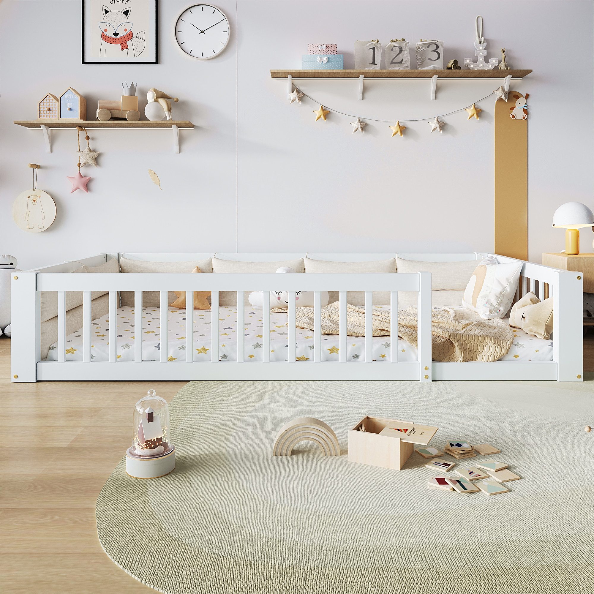 HAUSS SPOLE Kinderbett 90x200 Plattformbett Schutzgitter Gepolstert Kissen Rückenkomfort (Jugendbett mit durchgehendem Schutzgitter am Bett), Holzbett mit Massivholzkonstruktion