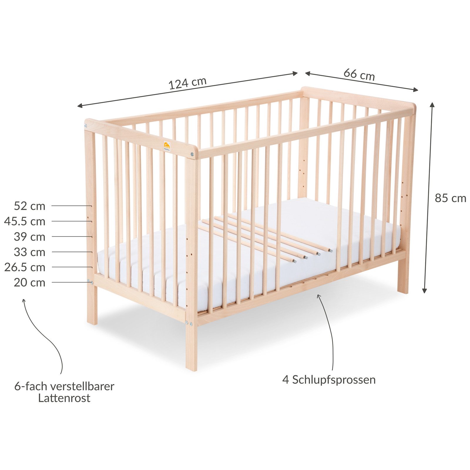 FabiMax Babybett Nubi 120 x 60 cm, Natur aus Buchenholz, 6-fach höhenverstellbar, mit 4 Schlupfsprossen