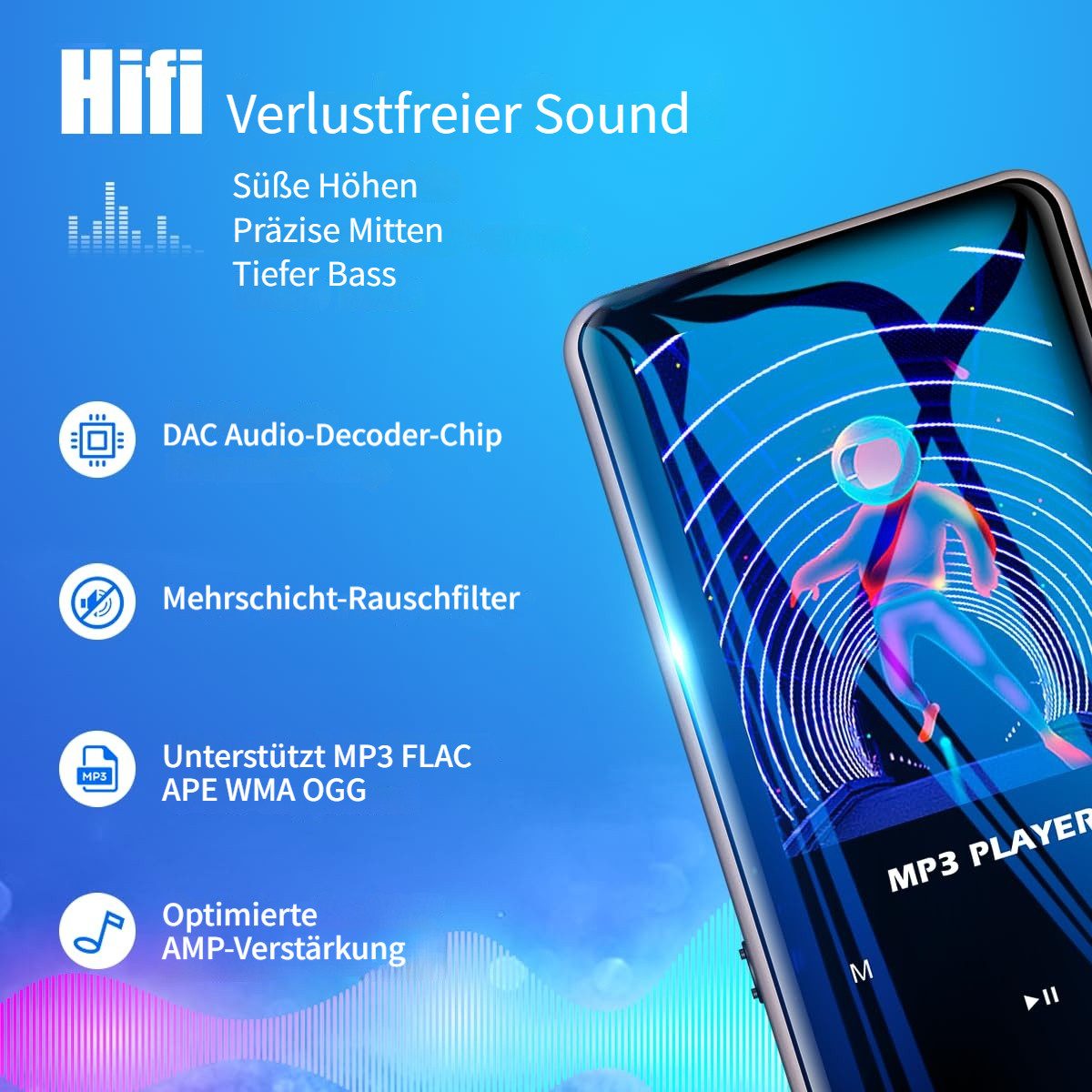 Tekoo MP3-Player Bluetooth 5.0 für Sport, 32GB HiFi Musik-Player mit Clip MP3-Player (32 GB, Bluetooth, HiFi-Lossless-Sound, DAC-Chip, abnehmbarer Clip, 2.5D Glas)