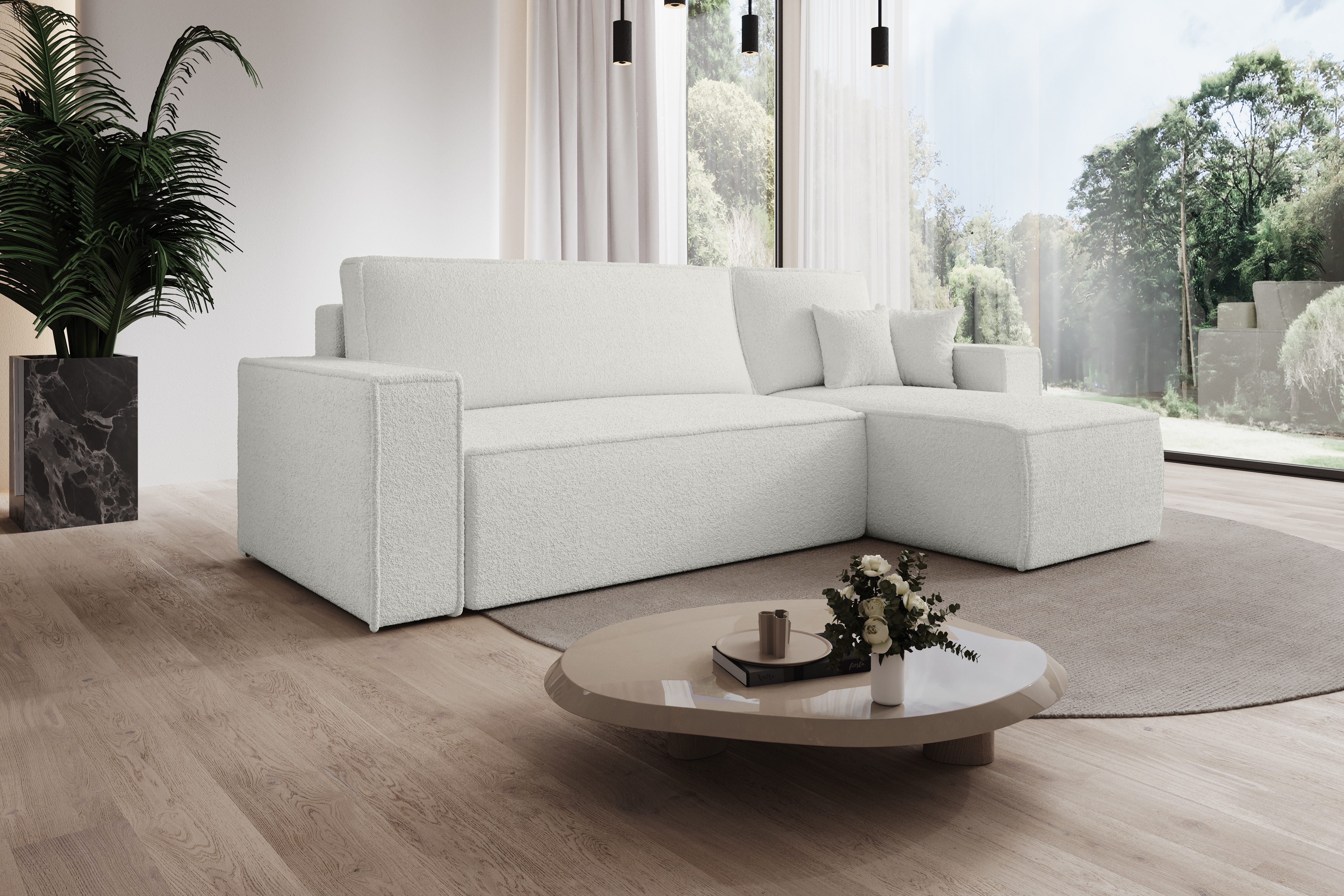 thematys Ecksofa mit Schlaffunktion und Bettkasten, L-Form, Cord und Bouclé + 2 Kissen, 244 x 145cm - Luxus Couch mit Bettfunktion mit Bonnellfedern