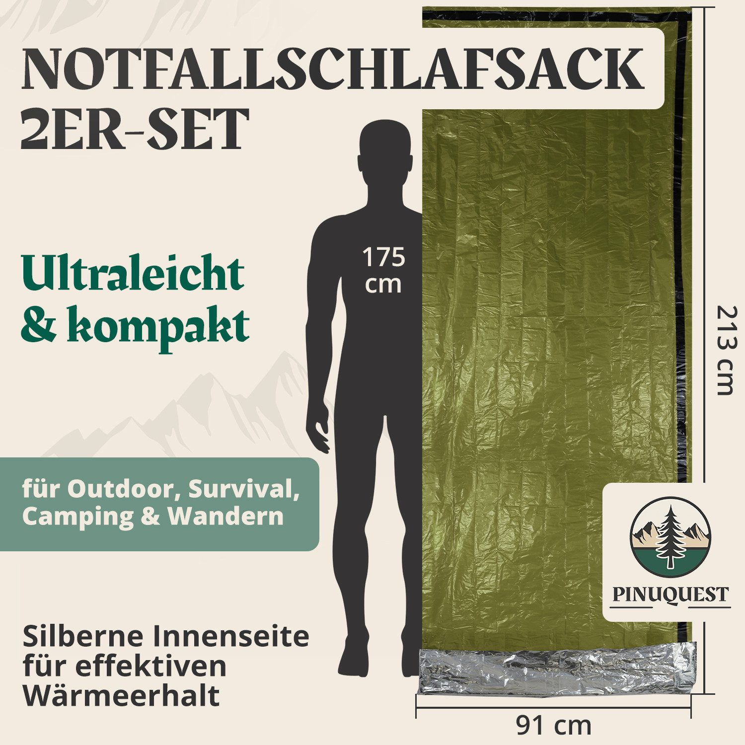 PINUQUEST Biwaksack Notfallschlafsack (2 tlg), Rettungsdecke Notfall-Biwaksack Survival Notbiwak, grün, 2 Stück – Bild 2 von 5