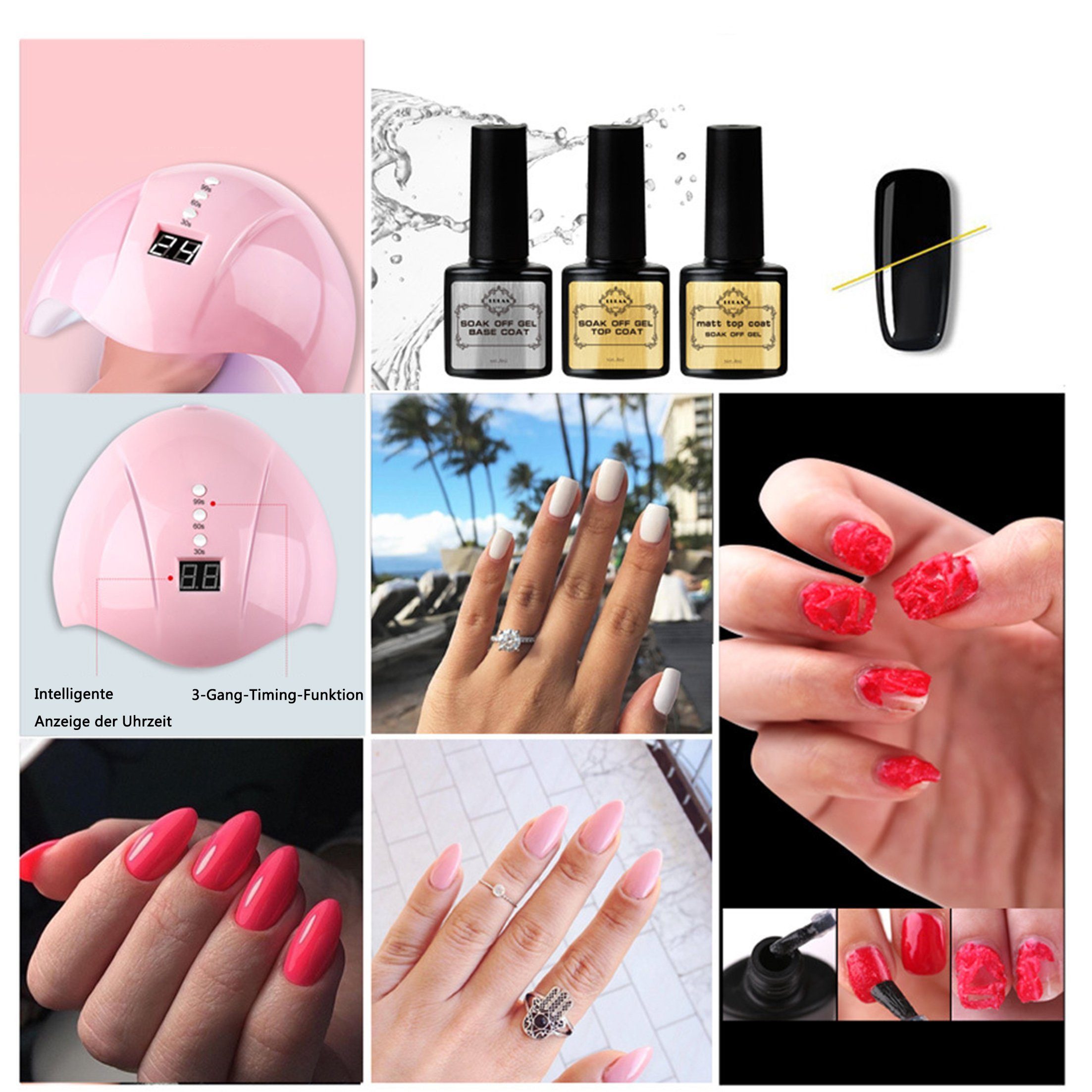 KINSI Lichthärtungsgerät Nagellack Set 6 Farben+UV/LED Lampe,Komplettes Maniküre Starter Kit, mit Base & Top Coat,Feile,Reinigungstüchern,DIY Nageldesign