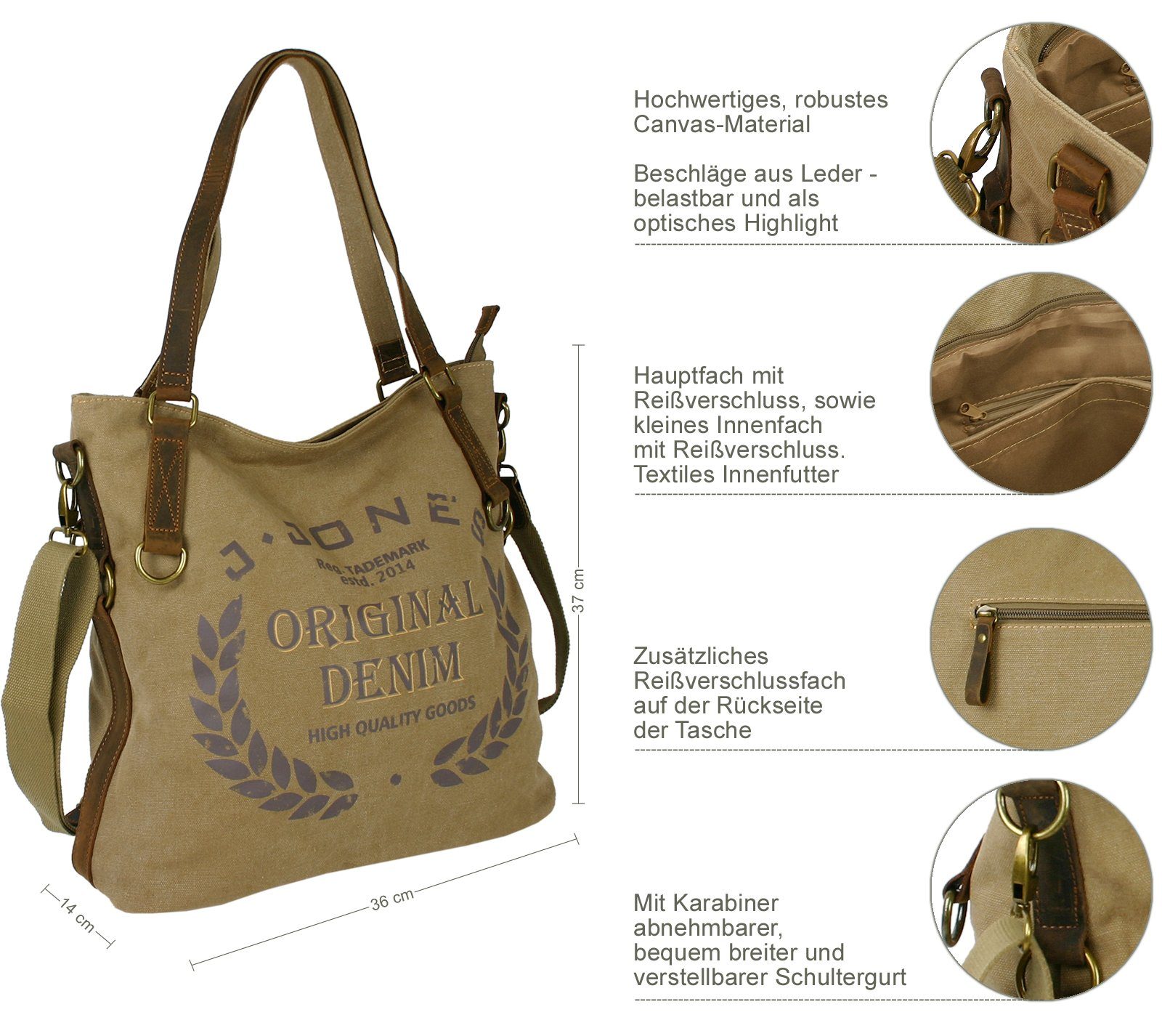 J JONES JENNIFER JONES Shopper Große Damen Umhängetasch aus Canvas - Vintage Schultertasche