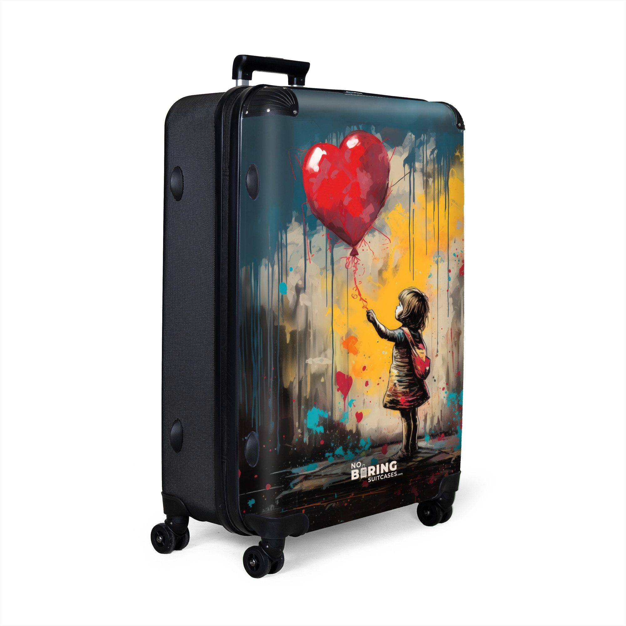 NoBoringSuitcases.com© Hartschalen-Trolley Mädchen mit Luftballon im Graffiti-Stil 77 cm - 98 L, 8 Rollen, Großer Reisetasche mit Rollen für 30kg, Kinderkoffer