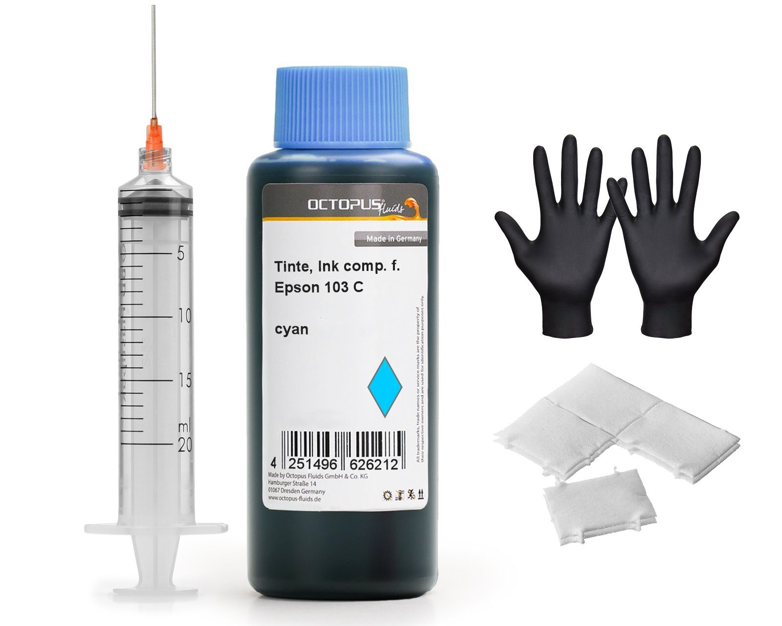 OCTOPUS Fluids Druckertinte für Epson 103 Druckertintentank, EcoTank L3110, L3150, Nachfülltinte (für Epson, 1x 250 ml) Cyan 250ml | Tintenpatronen