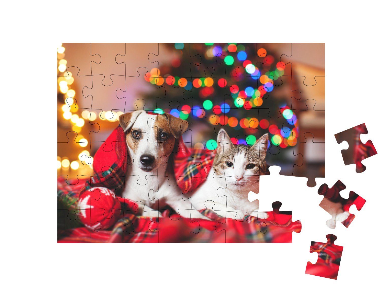 und Hund einem puzzleYOU-Kollektionen puzzleYOU Katzen-Puzzles Weihnachtsbaum, unter Puzzle Katze 48 Puzzleteile,