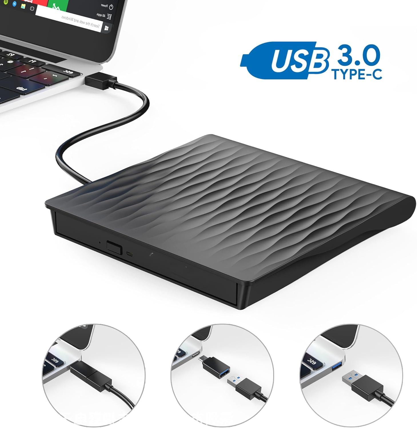 Fyrove Externes CD DVD Laufwerk USB 3.0 & USB-C, Slim DVD Brenner DVD-Brenner (PC und Desktop Computer, Tragbarer DVD Player für Laptop, mit CD/DVD-RW, DVD 8x CD 24x)