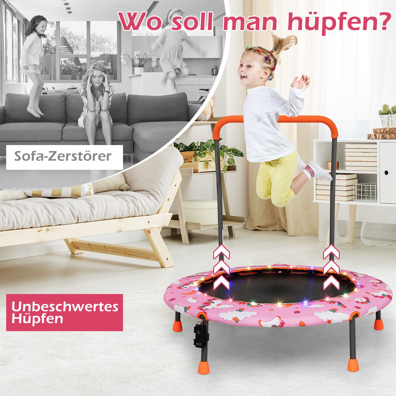 COSTWAY Kindertrampolin, φ92 cm mit LED & Griff