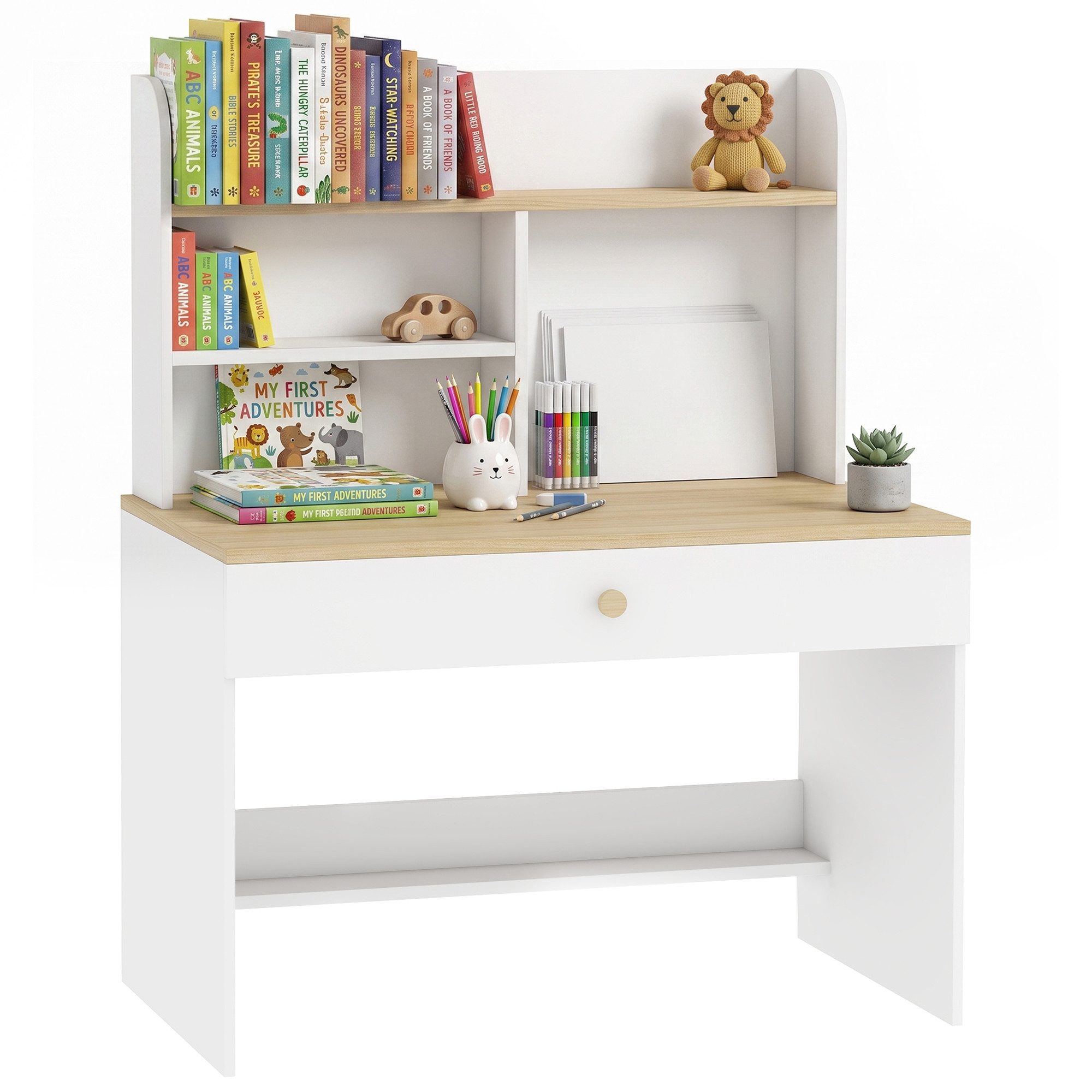 AIYAPLAY Schreibtisch Kinderschreibtisch mit Schublade Bücherregal Stauraum (Jugendschreibtisch, 1-St., Schülerschreibtisch), für Kinder 3-8 Jahre, 80 x 50 x 100 cm Weiß
