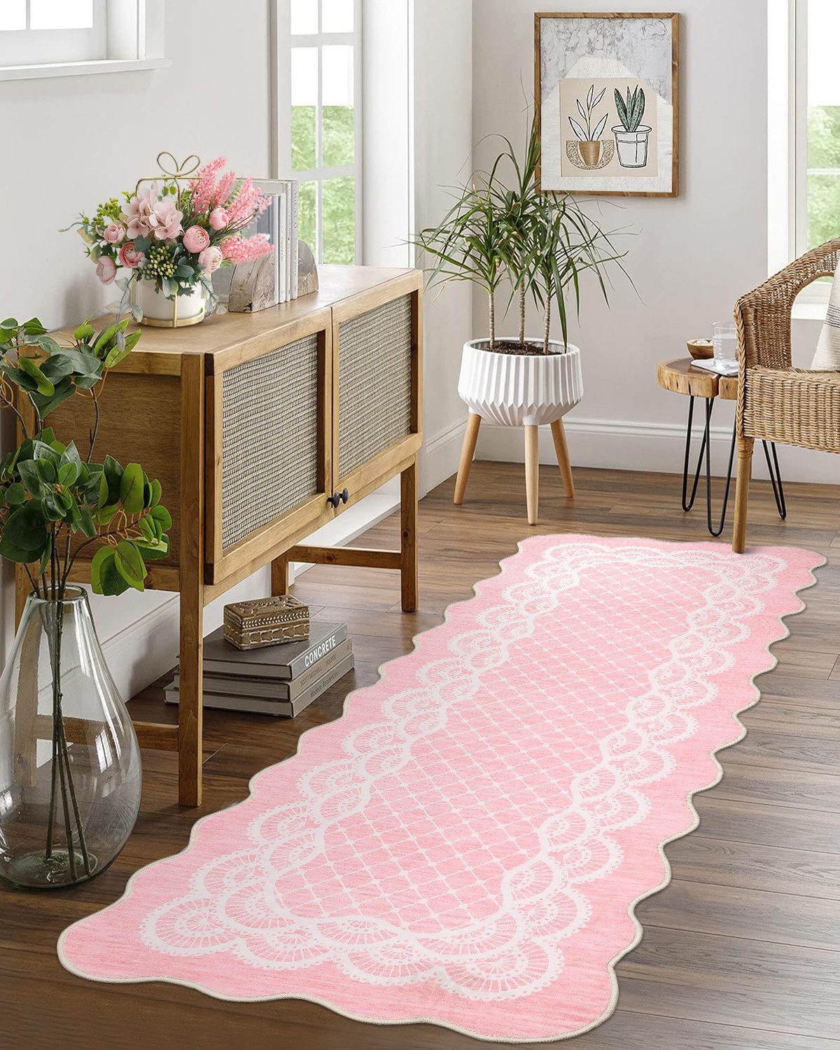 GarveeMore Teppich eleganter und hübscher Flachflor-Teppich mit Wellenrand, rechteckig, Höhe: 7 mm, waschbar, rutschfest, für Wohnzimmer/Schlafzimmer/Esszimmer/Flur/Diele