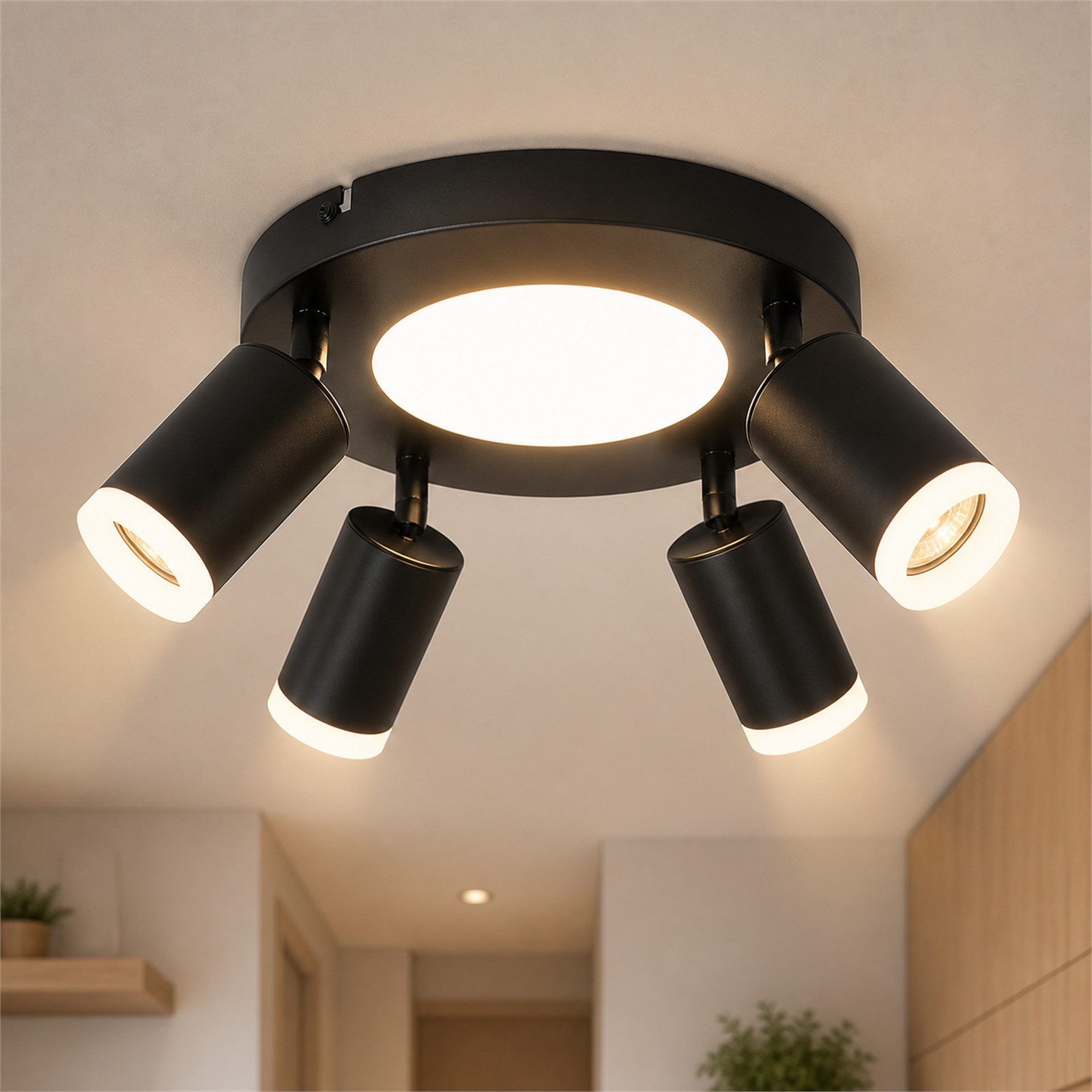 ZMH Deckenstrahler 4 Flammig Quadratisch/Rund 20W Deckenleuchte 3000K GU10 Wohnzimmer, Einfache Installation, LED fest integriert, ohne Leuchtmittel, Warmweiß
