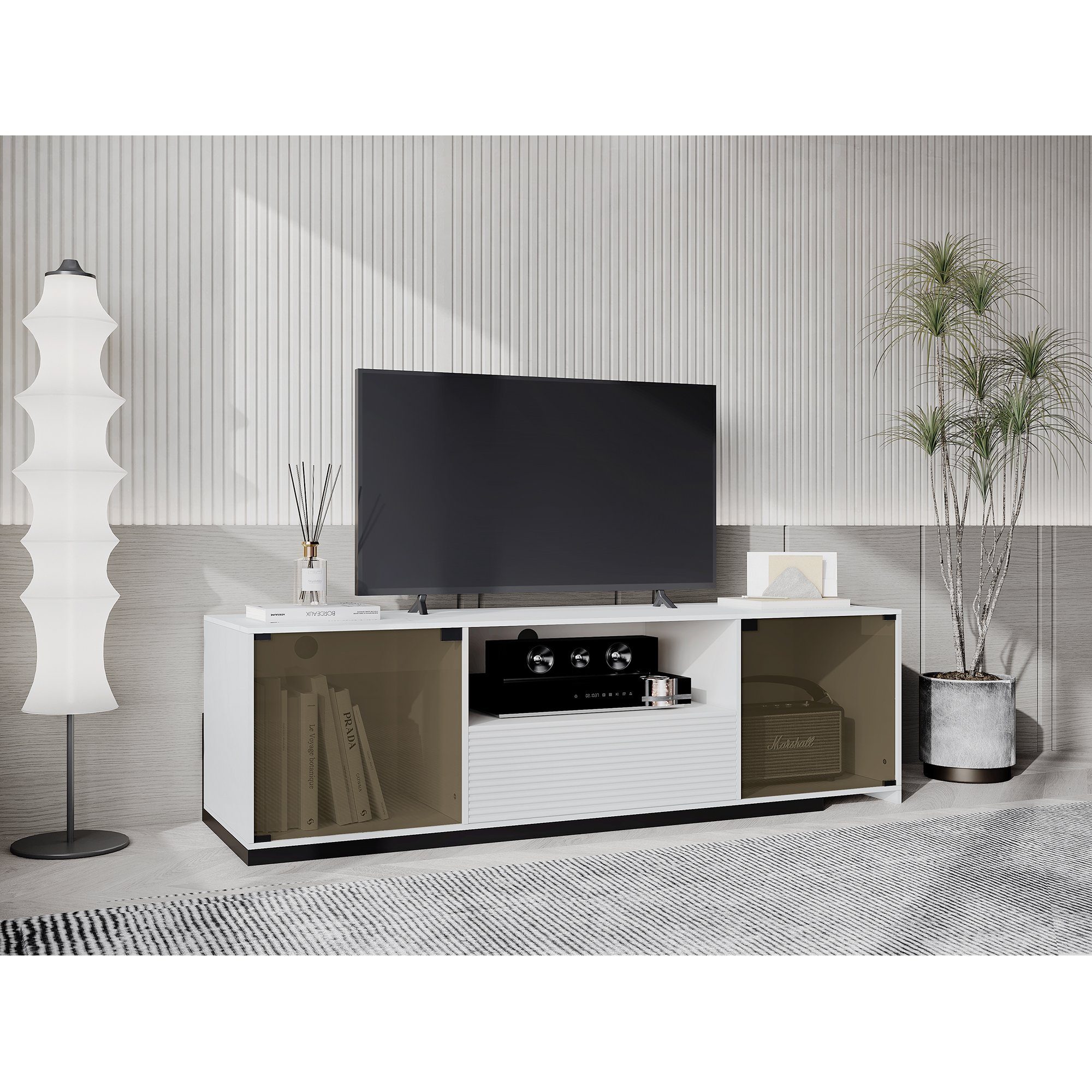 OKWISH TV-Schrank TV-Ständer mit L ED-Beleuchtung (für einen 60-Zoll-Fernseher, marmorgeäderter Tischplatte und elegantem Glasdesign) Mit 2 Türen, 1 Schublade und 1 offenem Fach