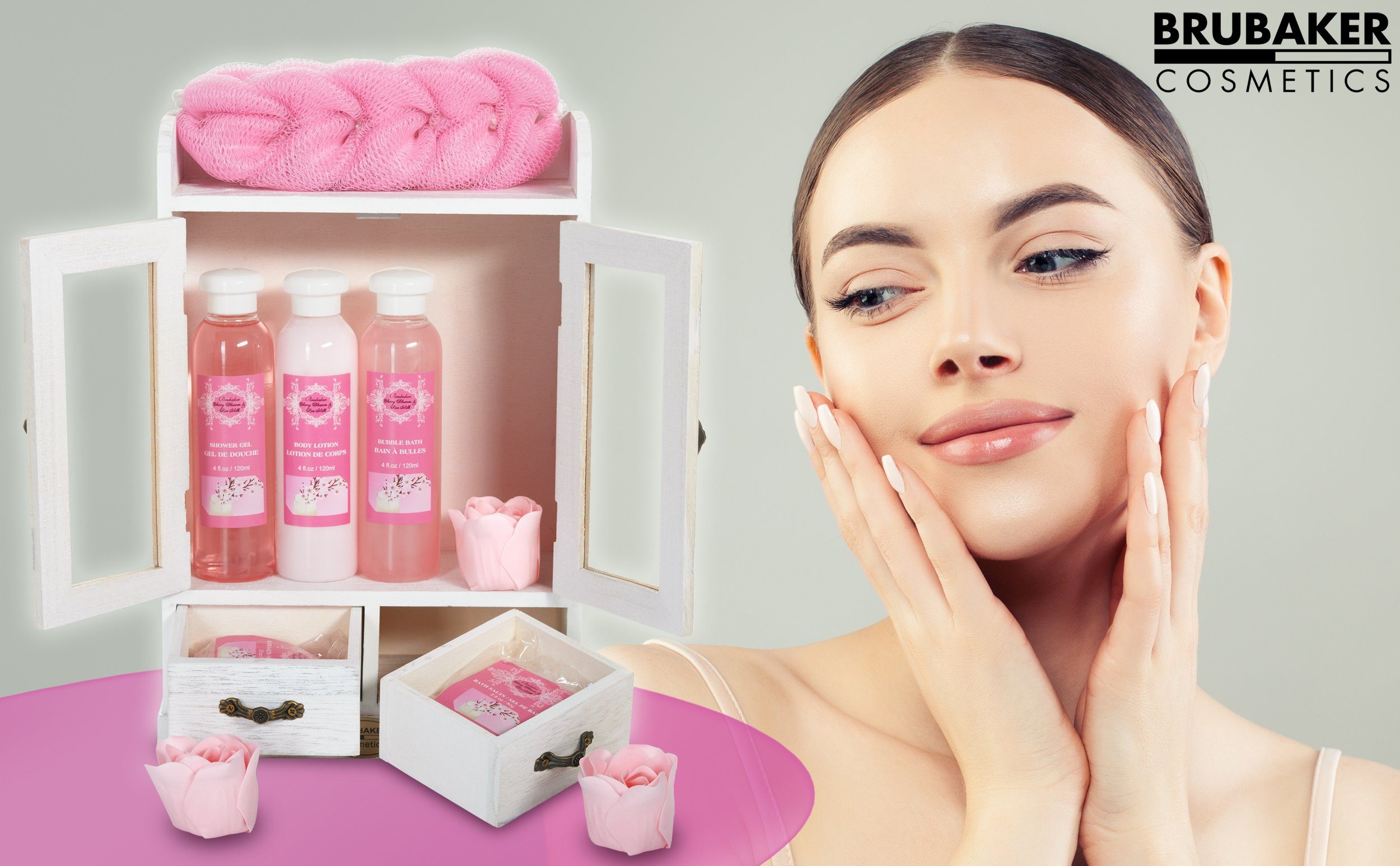 BRUBAKER Pflege-Geschenkset 2 in 1 Pflegeset Kirschblüte & Aloe Vera - Wellness Set, 15-tlg., Damen Dusch- und Badeset - Frauen Beauty Geschenkset mit Dekoration