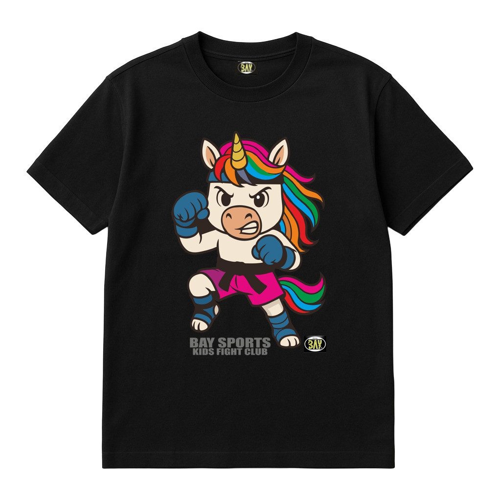BAY-Sports T-Shirt Einhorn KidsFightClub Kickboxen Kampfsport Thaiboxen Karate MMA Kinder (Mehrfarbiger Druck, Stück) Unicorn mit Regenbogenmähne für Mädchen und Girls rosa pink