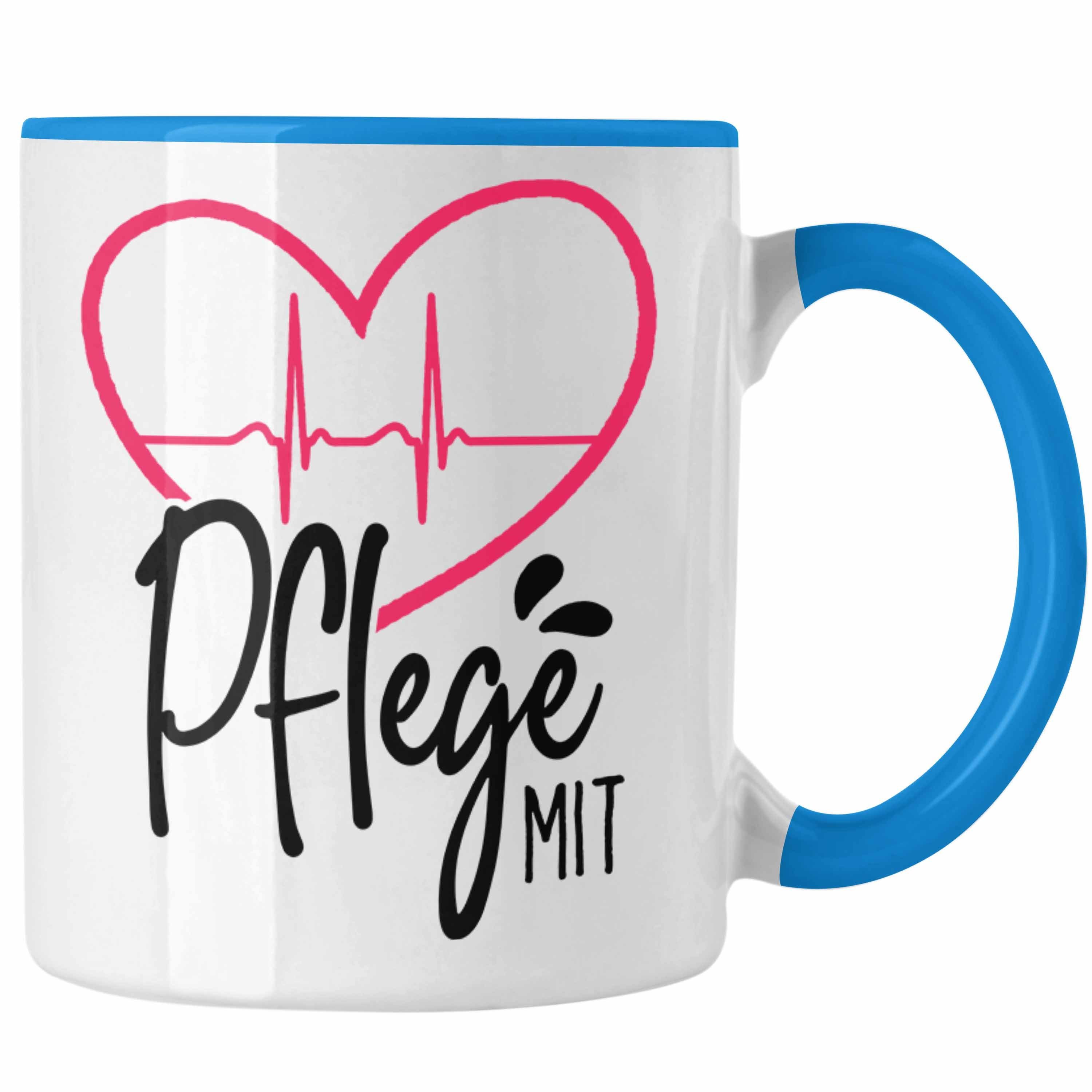 Trendation Tasse Geschenkidee Pfleger Tasse "Pflege mit Herz" Grafik Pfleger Geschenk Blau