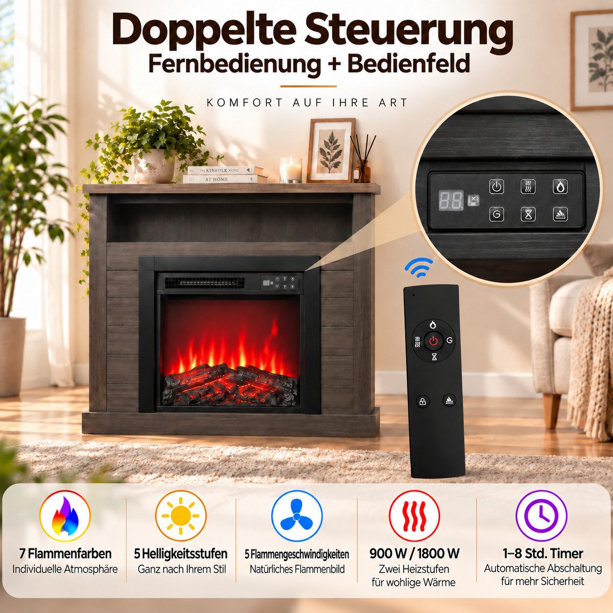 HOMAVO Elektrokamin mit Schrank, 18", 900W/1800W Heizung, 3D-Flammeneffekt, Schrankgröße: 96,5 × 22 × 82 cm, Fernbedienung + Bedienfeld – Bild 4 von 5