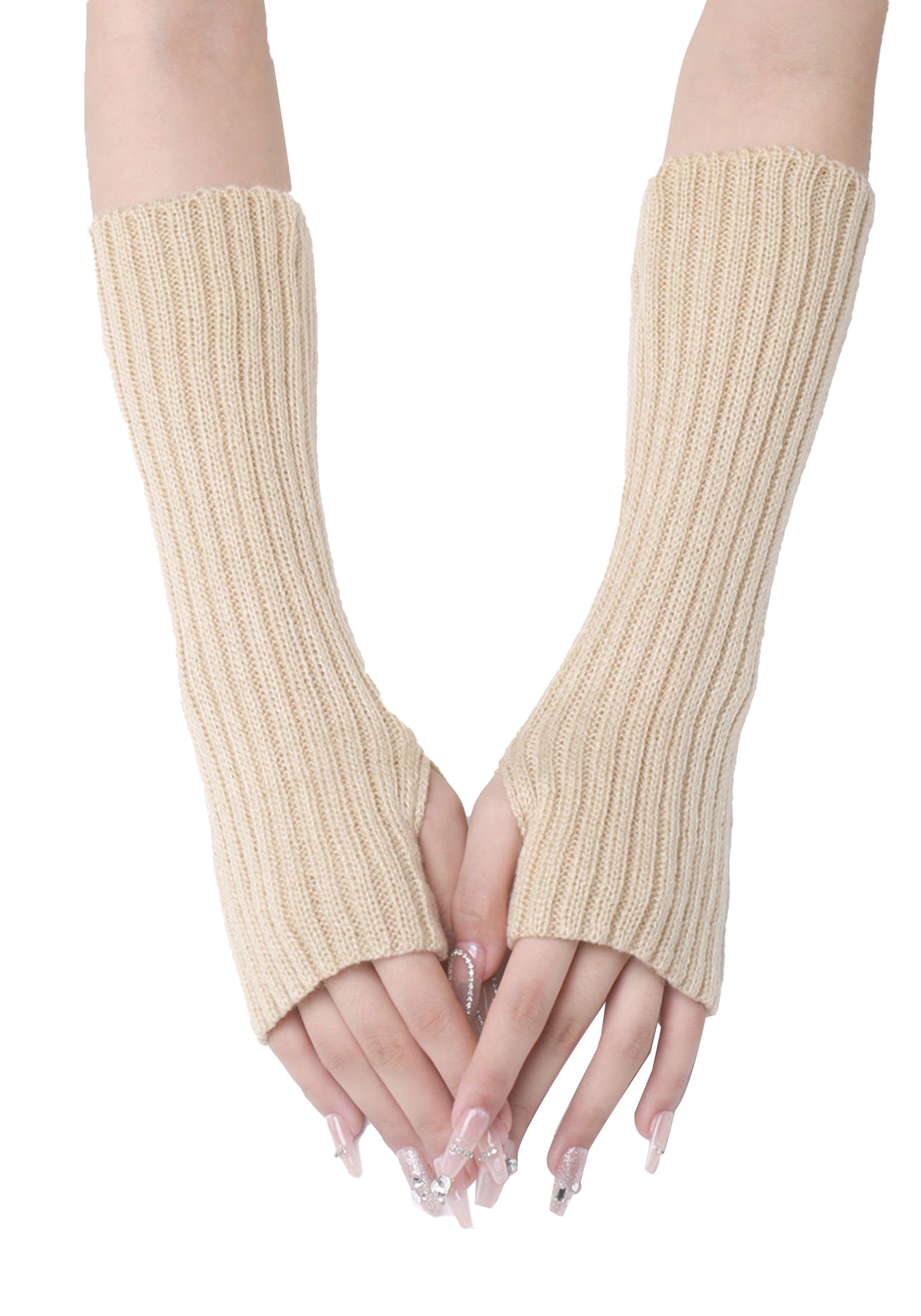 MAGICSHE Beige Frauen Daumenloch Handschuhe Lange Strickhandschuhe für Fingerlose Dehnbare Armwärmer
