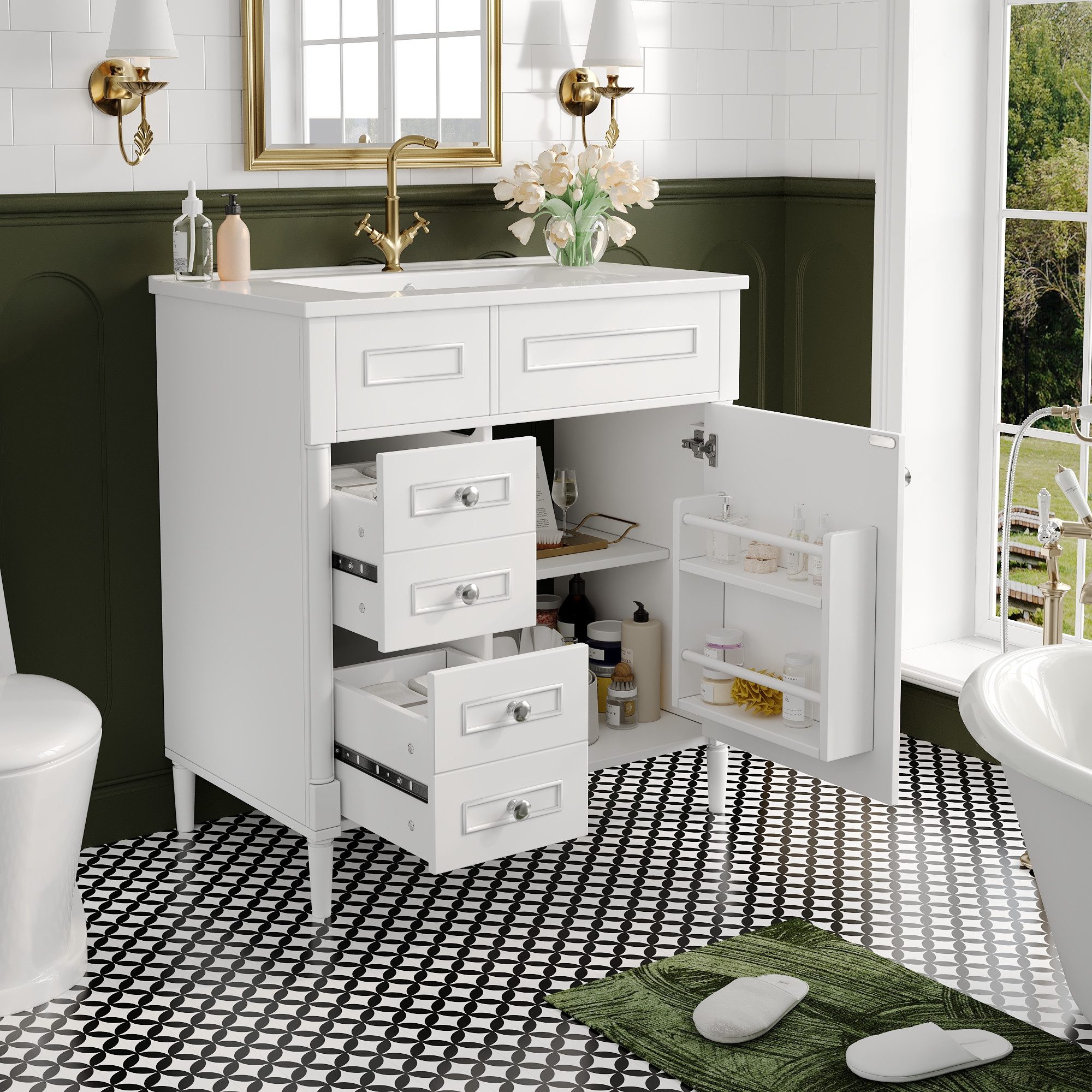 STILVORA Waschbeckenunterschrank mit Waschbecken Badezimmerschrank mit Viel Stauraum Schubladen Weiß (Badschrank mit 2 Schubladen, praktischer Installation, Hochwertiger Unterschrank fürs Bad, leise Nutzung) mit exklusive Metallgriffe, einfache Reinigung