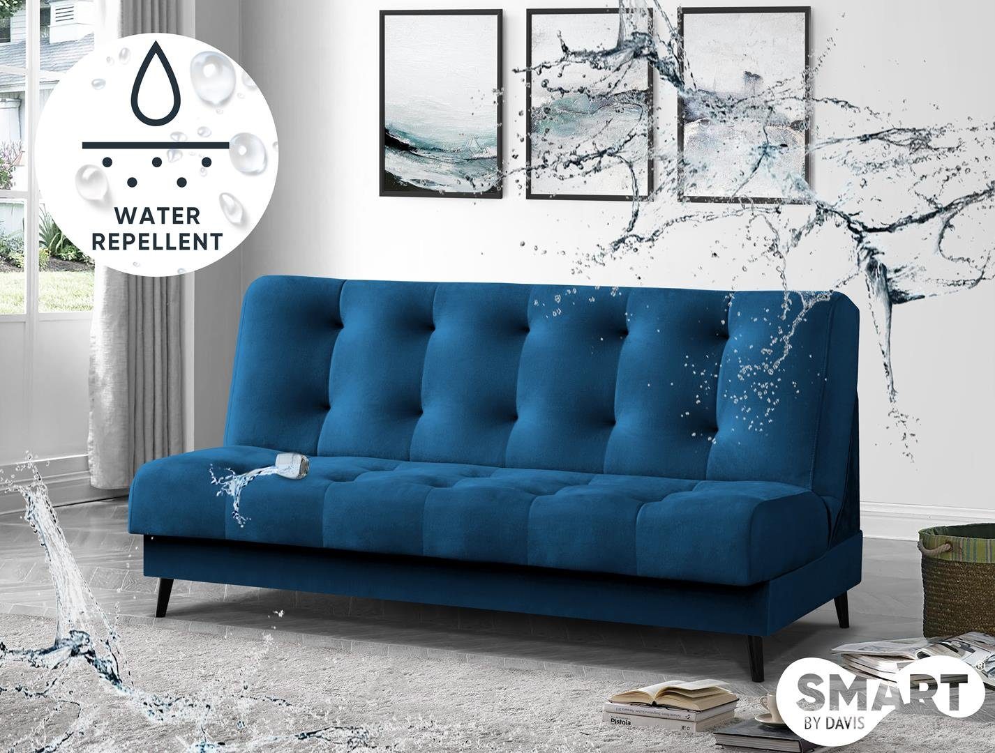 Beautysofa 3-Sitzer Nancy, Polstersofa im Skandinavischen Stil, Wohnzimmersofa mit Schlaffunktion und Bettkasten, Wellenfedern, Holzbeine, Liegefläche: 195x116 cm, Waterrepellent Marineblau (monolith 77)