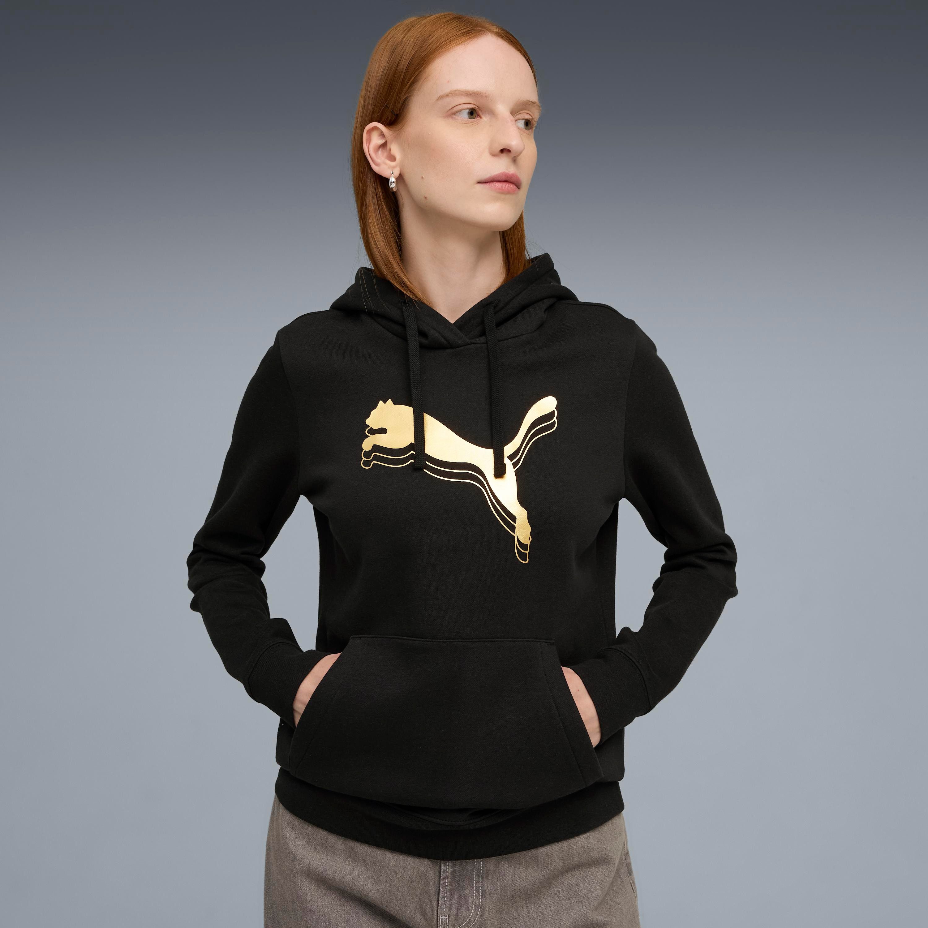 PUMA Kapuzensweatshirt ESS METALLIC HOODIE FL mit Logodruck, aus Fleece-Material, mit Kängurutasche