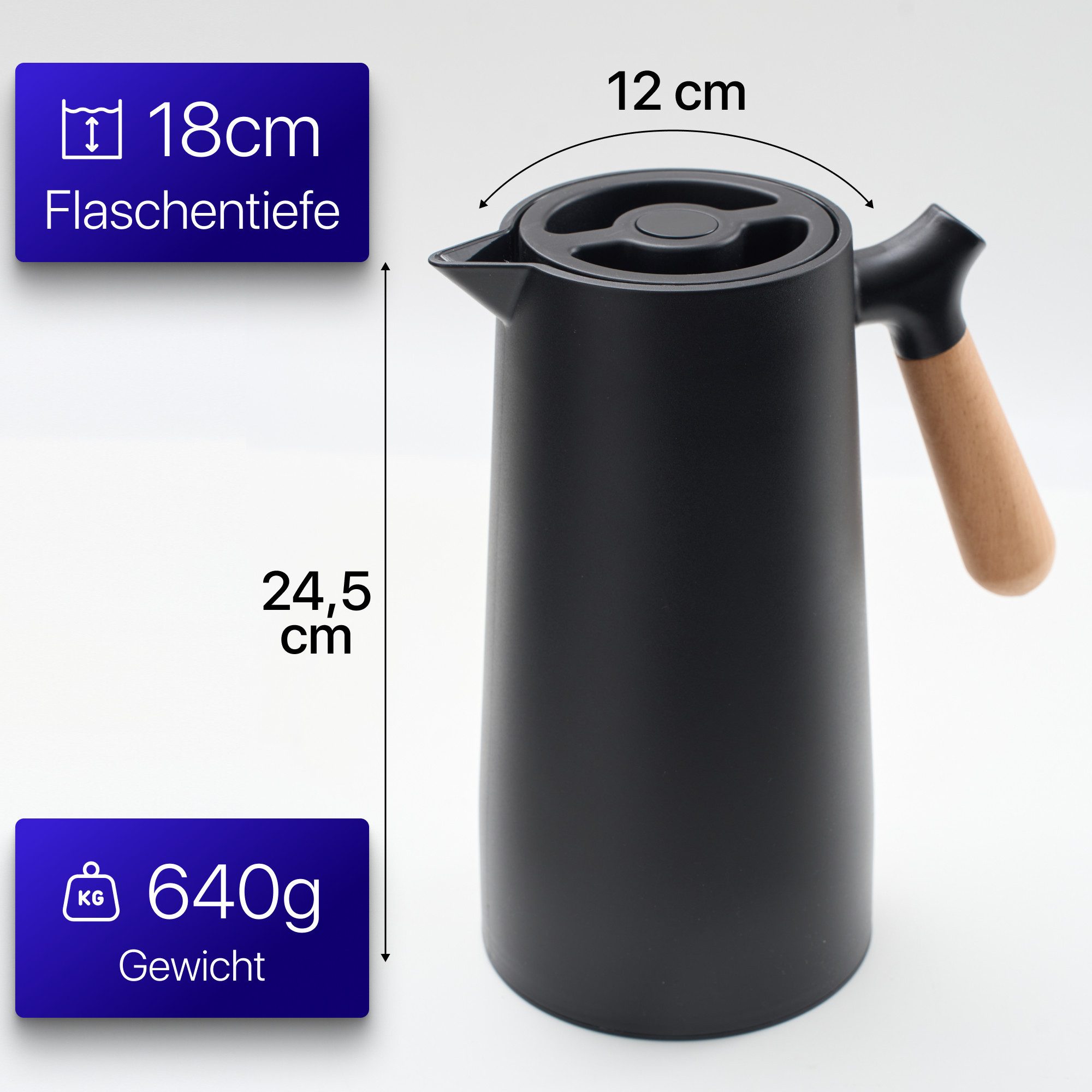 KVOTA Isolierkanne 1L Thermoskanne Glaskolbe Schwarz Holzgriff 1-Click Öffnung, 1 l