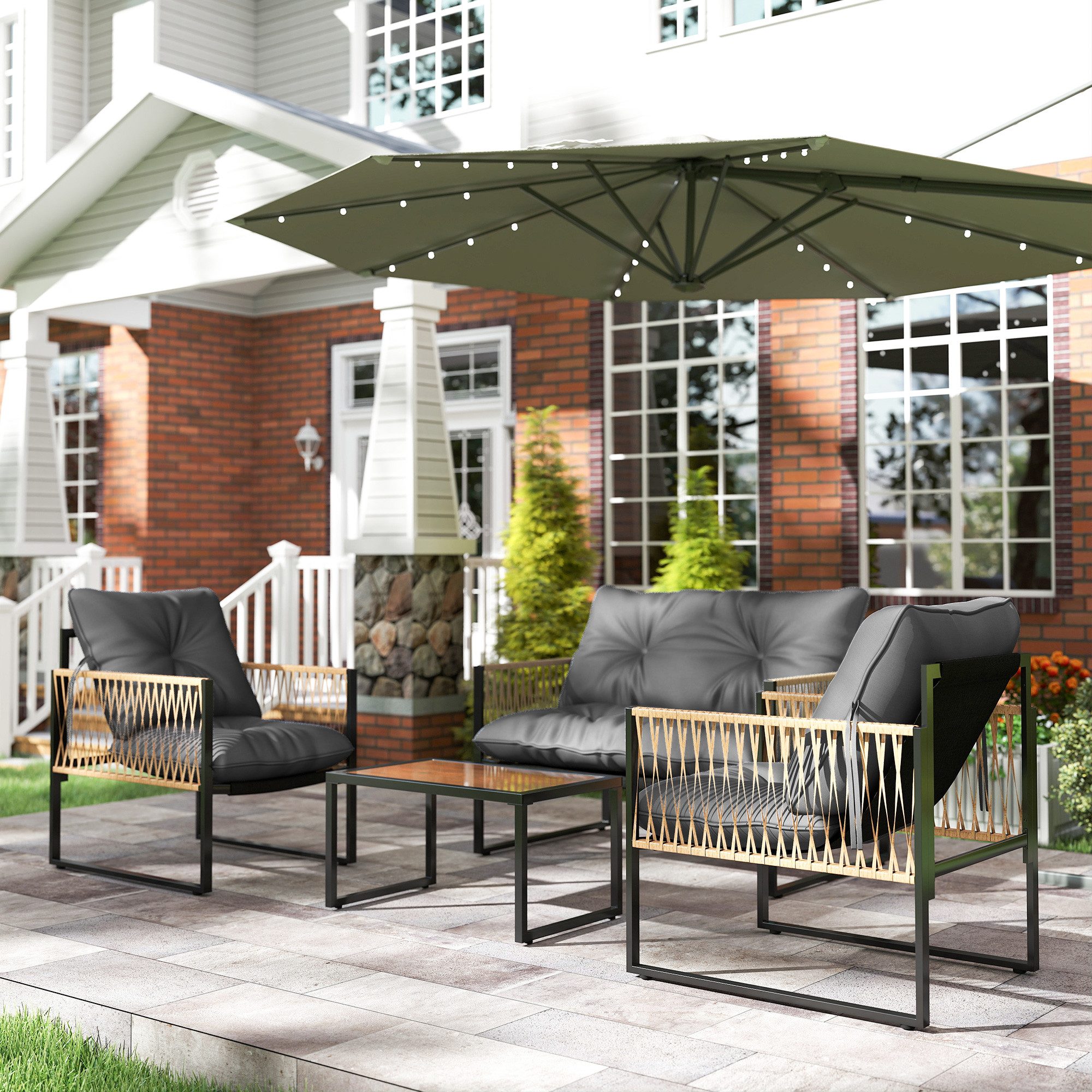 Outsunny Sitzgruppe 4 tlg. Rattan Gartenmöbel-Set mit 1 Couchtisch, 2 Sesseln, Zweisitzer, (Garten Lougen Set, 4-tlg., Gartengarnitur), für Garten, Terrasse, Stahl, Braun