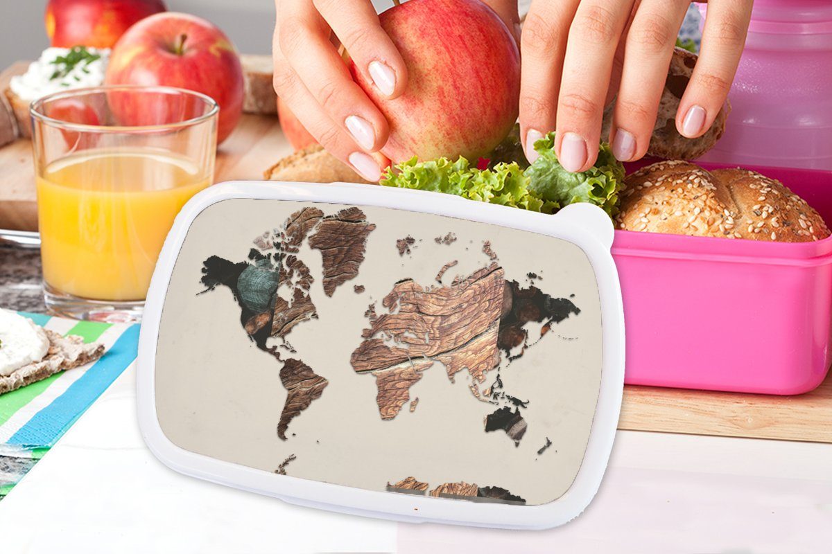 Weltkarte Mädchen, Brotbox MuchoWow Kunststoff, Erwachsene, - Brotdose - Snackbox, Kunststoff rosa Holz (2-tlg), Braun, für Kinder, Lunchbox