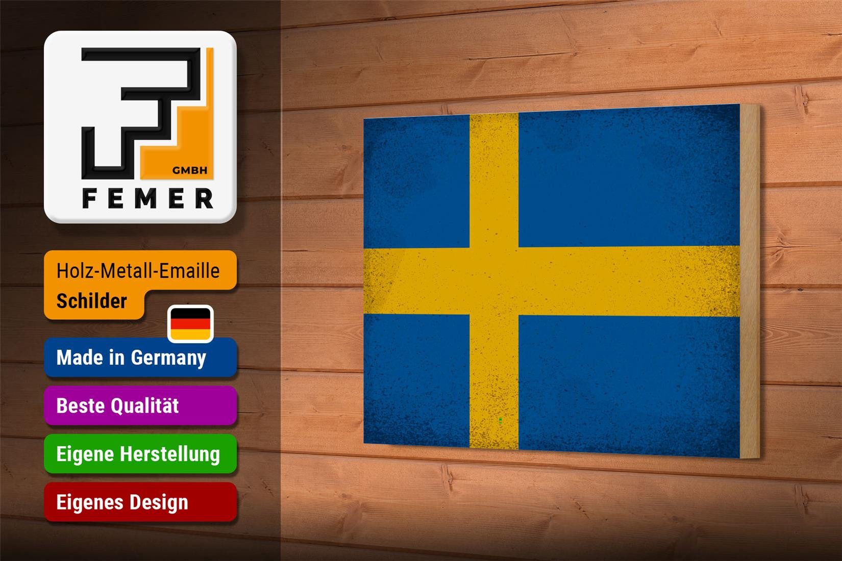 Femer GmbH Holzbild Flagge Schweden 18x12 cm Flag of Sweden Vintage, Flaggen (1 St), Glatte Holzfaserplatte (MDF), vorn beschichtet
