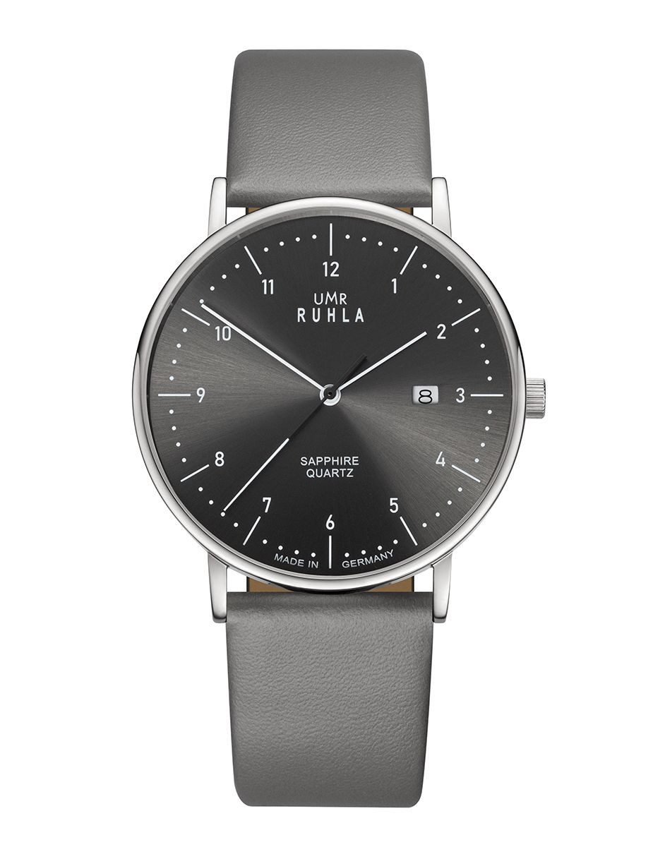 UMR Ruhla Quarzuhr Herrenuhr Classic 30445 Grau Leder Saphirglas 39 mm