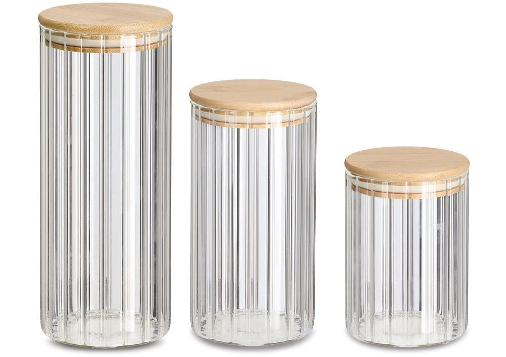 Zeller Present Vorratsglas, Bambus, Glas, (Set, 3-tlg., Ø 9 cm - 610 ml, 850 ml, 1100 ml), aus Borosilikat mit raffinierten Rillen