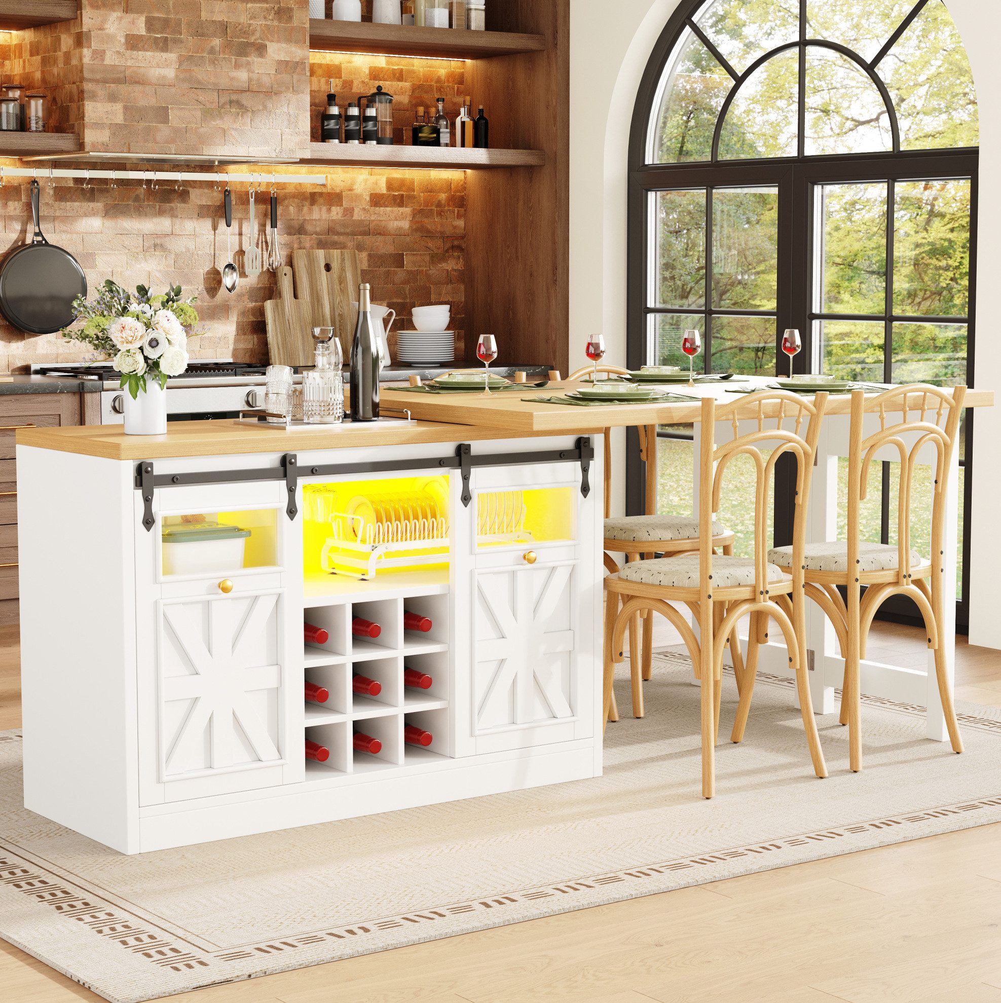 MODFU Esstisch Küchentisch Kombination Weiß mit drehbarer Stauraum Lösung (Packung, 1-St., Multifunktionsmöbel für Küche mit modernem Platzkonzept), Essbereich Möbel mit Schrank und LED Farblicht Steuerung