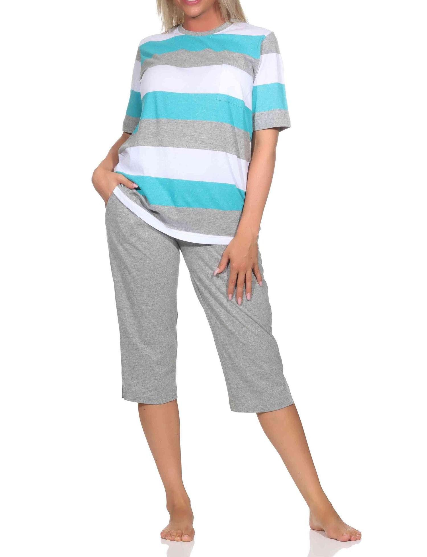 Pyjama Damen Capri Schlafanzug kurzarm in Streifenoptik - auch in Übergrößen